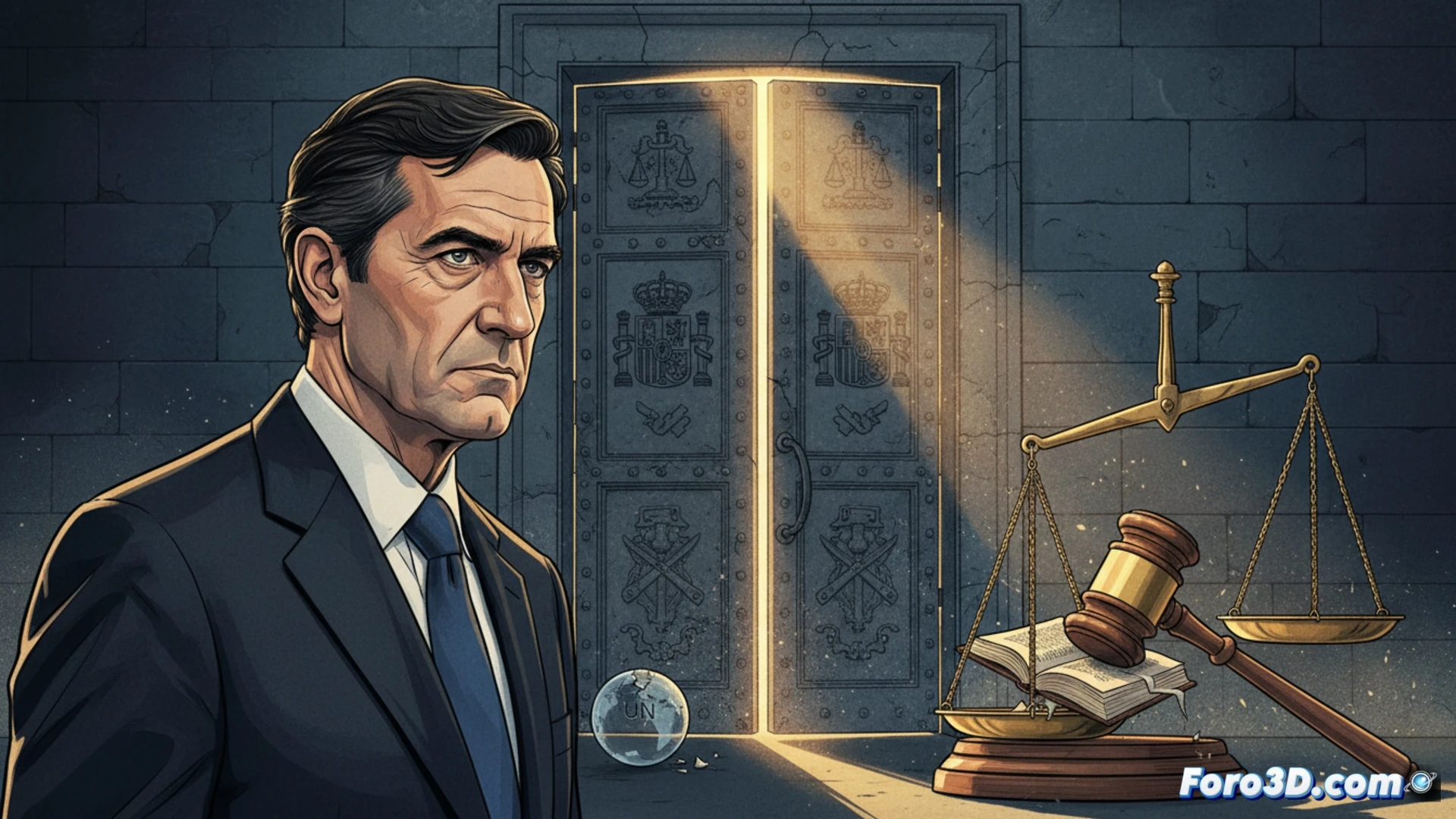 El Supremo, con toga y martillo, sella un expediente con el nombre de Garzón, cerrando la puerta a su regreso.