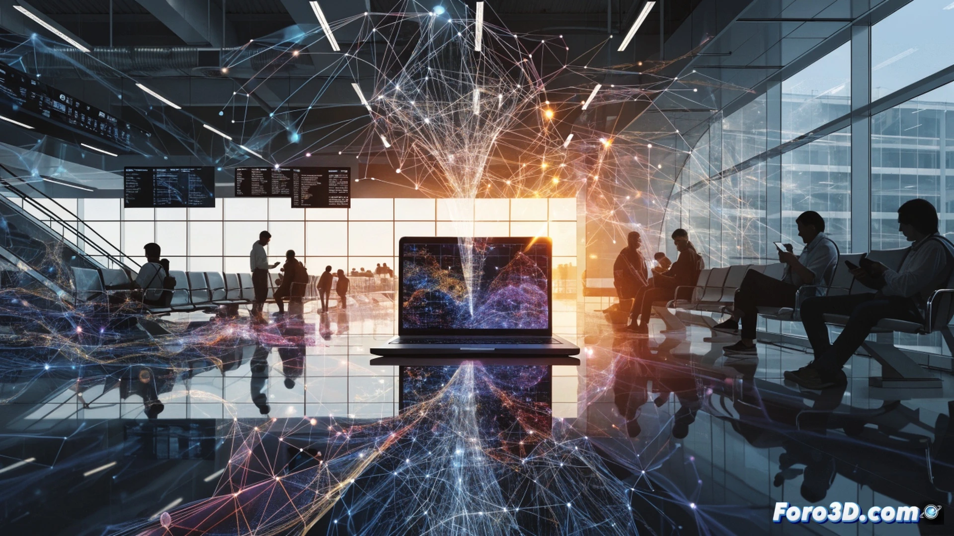photorealistic scene of a business traveler in an airport lounge, connecting a laptop to public WiFi while a smartphone and tablet lie nearby, a glowing VPN shield icon hovering above the devices, encrypted data streams flowing as green padlocks over a hotel WiFi router, digital banking interface visible on the laptop screen, cinematic lighting with blue and gold tones, ultradetailed network cables and ports, secure connection visualized as a translucent barrier around the devices, technical illustration style, dynamic composition showing simultaneous device protection