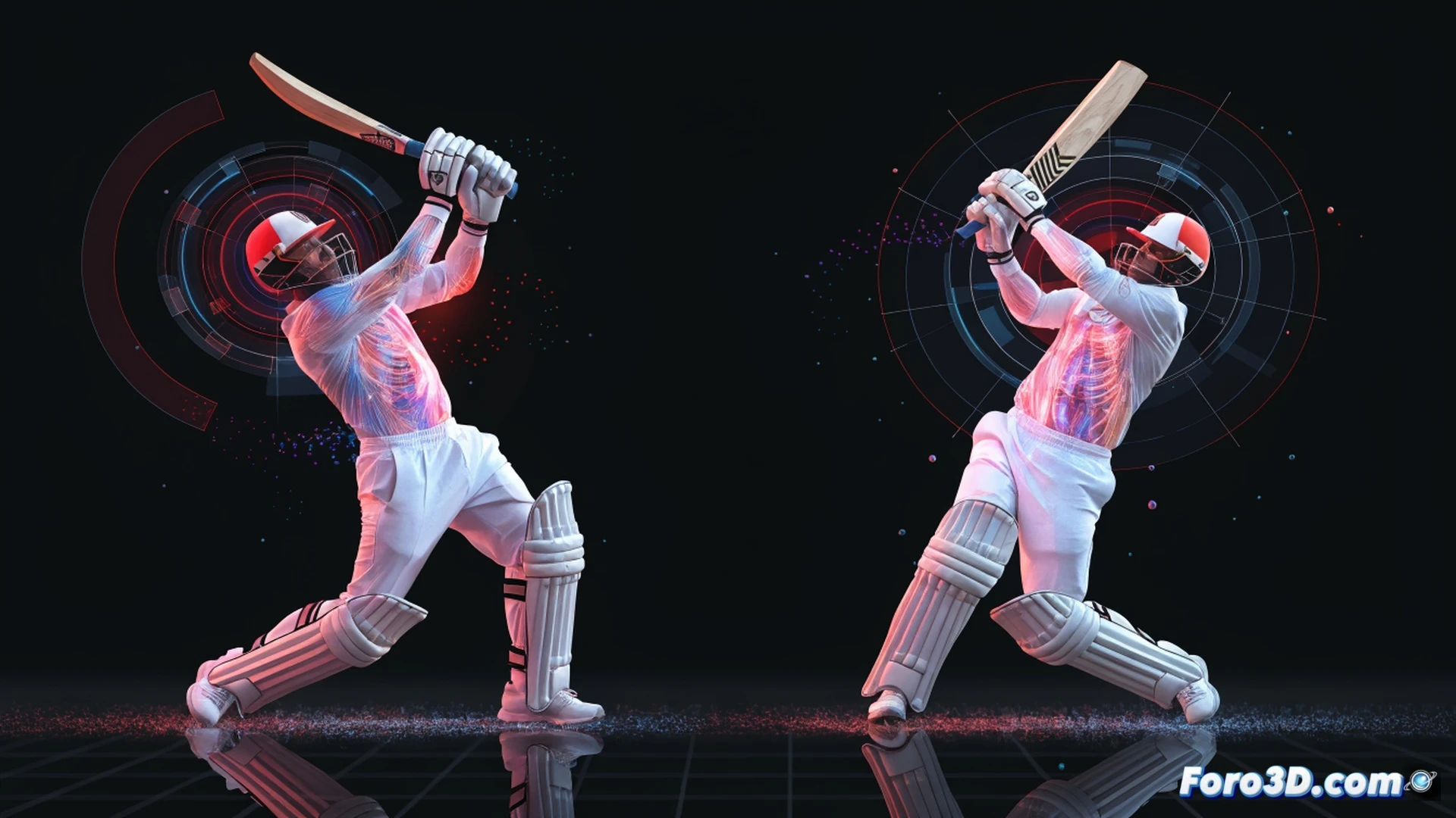3D biomechanical analysis of Suryakumar Yadav executing a reverse scoop shot, bat angled backwards while body rotates unnaturally, glowing skeletal wireframe overlaid on muscles showing torque in shoulders and wrists, cricket ball trajectory curving over wicketkeeper position, transparent blue line tracking ball path from delivery to contact, technical illustration style, dark studio background with grid floor, multiple frozen motion frames showing footwork sequence, realistic skin texture with semi-transparent muscle layers, cinematic spotlight highlighting bat swing arc, engineering visualization with angular momentum arrows, ultra-detailed cricket gear texture, dramatic low-angle perspective