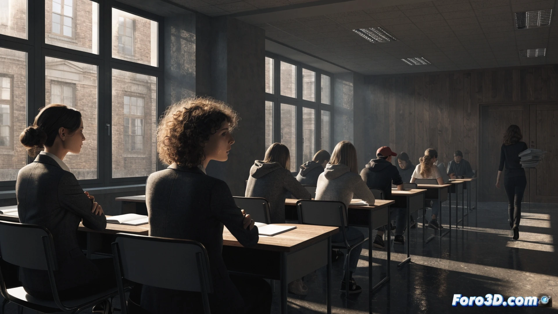 classroom with empty desks and a single chalkboard showing a half-erased mathematical equation, a teacher standing at the front holding a broken pen while staring at a cracked clock on the wall, students partially visible through a window outside, dust motes floating in dim fluorescent light, cinematic photorealistic style, muted blue-gray color palette, tension visible in teacher's posture, abandoned lesson plan scattered on floor, high-contrast shadows, industrial linoleum floor reflecting faint light, ultra-detailed textures on chalk dust and worn furniture, dramatic stillness before unresolved conflict