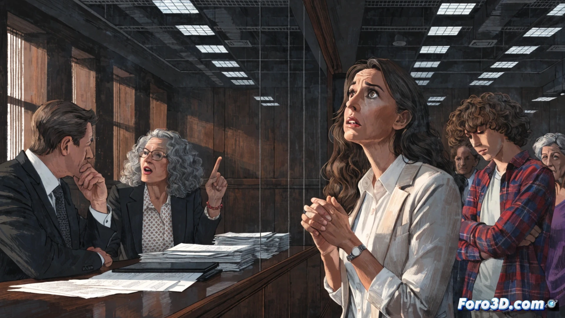Photorealistic technical illustration of a suspended educational project, a partially built school corridor with blueprints and a tablet showing a cancelled Bachillerato concertado plan, a frustrated family holding an enrollment form looking at a padlocked classroom door, scattered documents and a broken clock on the floor, cinematic lighting with shadows, cold blue and grey tones, realistic materials, concrete walls, metal lockers, empty desks inside the room, dramatic tension, ultra-detailed architectural visualization