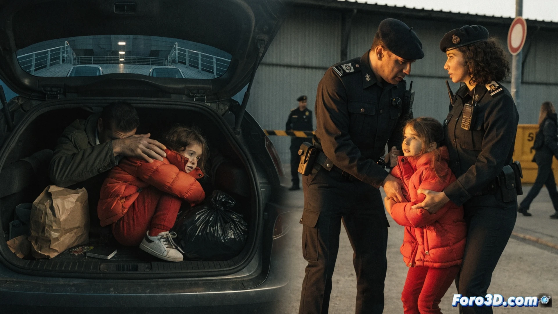 Guardia Civil officer in tactical vest holding a tablet showing GPS tracking interface, ferry terminal in background, open car trunk revealing hidden child seat, forensic markers on car floor, night scene with floodlights illuminating the operation, two agents inspecting vehicle undercarriage, child rescue harness visible on passenger seat, maritime dock with ferry silhouette, cinematic photorealistic style, dramatic blue and amber emergency lighting, high contrast shadows, ultra-detailed vehicle interior, technical police procedure documentation aesthetic