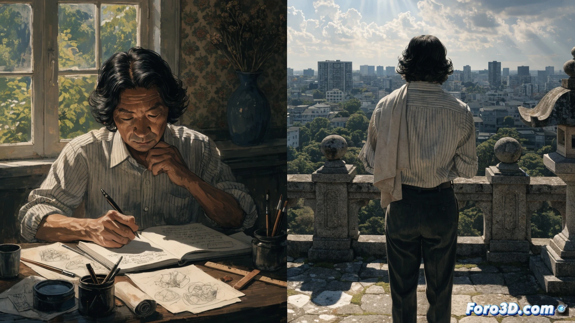 aging mangaka Susumu Higa walking on a dusty Okinawan road without a smartphone or car, old-fashioned ink brush and sketchbook tucked under arm, abandoned military bunker ruins in background overgrown with tropical vines, a single paper windmill spinning slowly in the breeze, cinematic photorealistic style, warm golden hour sunlight casting long shadows, weathered hands showing age spots, no visible modern technology, peaceful yet melancholic atmosphere, ultra-detailed textures of cracked asphalt and rusted metal, dramatic low-angle shot emphasizing solitude and historical weight, realistic environmental lighting