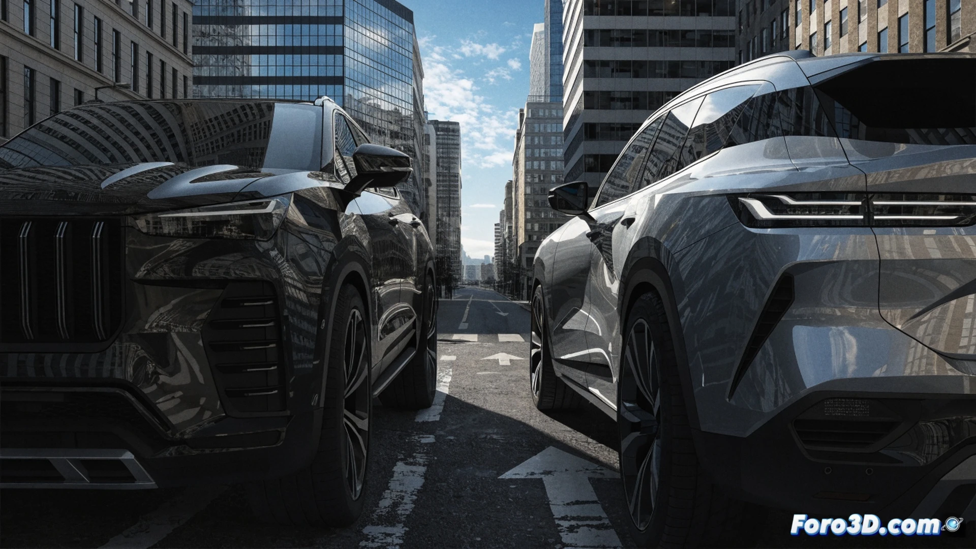 urban street parking scene at sunset, oversized SUV occupying two full parking spaces while a compact car struggles to park in a shrinking adjacent spot, a cyclist narrowly passing between the giant vehicle and a pedestrian on the curb, technical engineering visualization showing vehicle dimensions with glowing measurement lines and shrinking parking bay markings, photorealistic render, wide-angle lens, dramatic shadows from tall buildings, concrete pavement texture, reflective SUV headlights, motion blur on bicycle wheels, ultra-detailed automotive surfaces, cinematic lighting