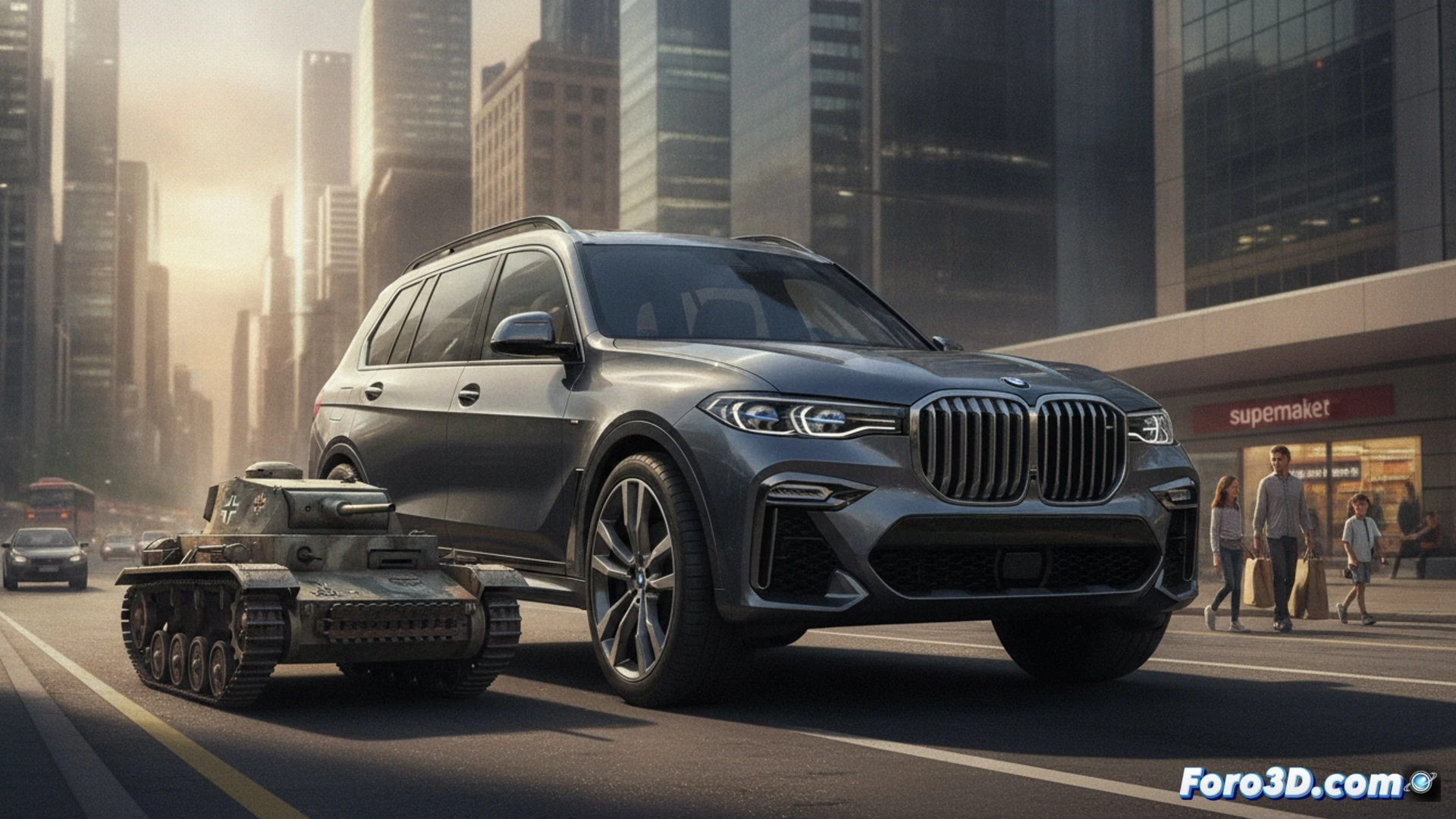 Photorealistic side-by-side comparison scene, a modern BMW X7 and Cadillac Escalade parked on asphalt dwarfing a WWII Panzer II tank, mechanical components visible under the SUV chassis showing advanced suspension and brake systems, tank tracks and rusted armor plates contrasting with polished alloy wheels and LED headlights, dramatic late afternoon sunlight casting long shadows, ultra-detailed metal textures, dust particles in air, cinematic wide-angle shot emphasizing size disparity, technical engineering visualization style, no text or numbers present, photorealistic industrial lighting