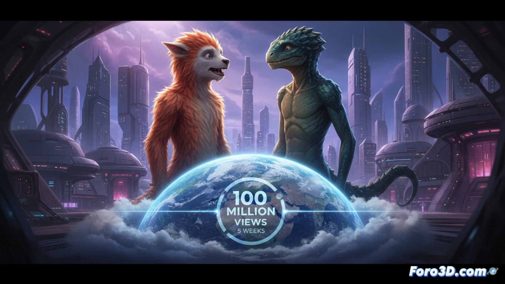 two opposing species characters mid-body-swap transformation, glowing energy particles transferring between a reptilian warrior and a feathered avian creature, their hands reaching toward each other in a tense collaboration, floating holographic screens showing real-time data streams and neural mapping interfaces, broken weapons falling in slow motion behind them, cinematic sci-fi animation style, dynamic diagonal composition, volumetric lighting with cyan and orange contrast, ultra-detailed scales and feathers, dramatic particle effects, photorealistic technical render