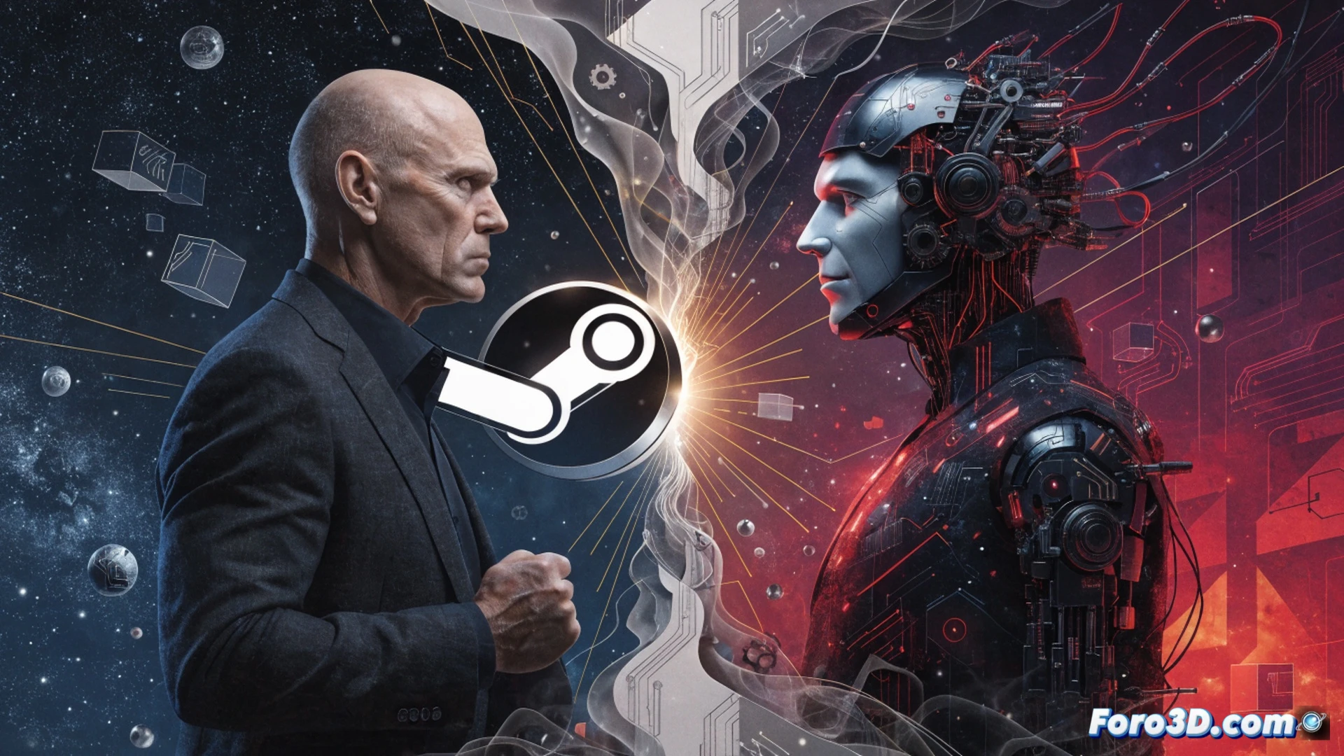 A dark metallic Steam store interface glitching on a curved monitor, a large red shame stamp hovering over a game card marked with an AI warning label, a frustrated developer’s hand crushing a mouse while a pixelated Epic Games store logo flickers in the reflection, dozens of smaller game icons fading into a blurry background as if disappearing, cinematic technical visualization, dramatic low-angle lighting casting long shadows, photorealistic render with subtle chromatic aberration, glowing UI elements emitting faint orange light, ultra-detailed plastic keyboard keys and cable management