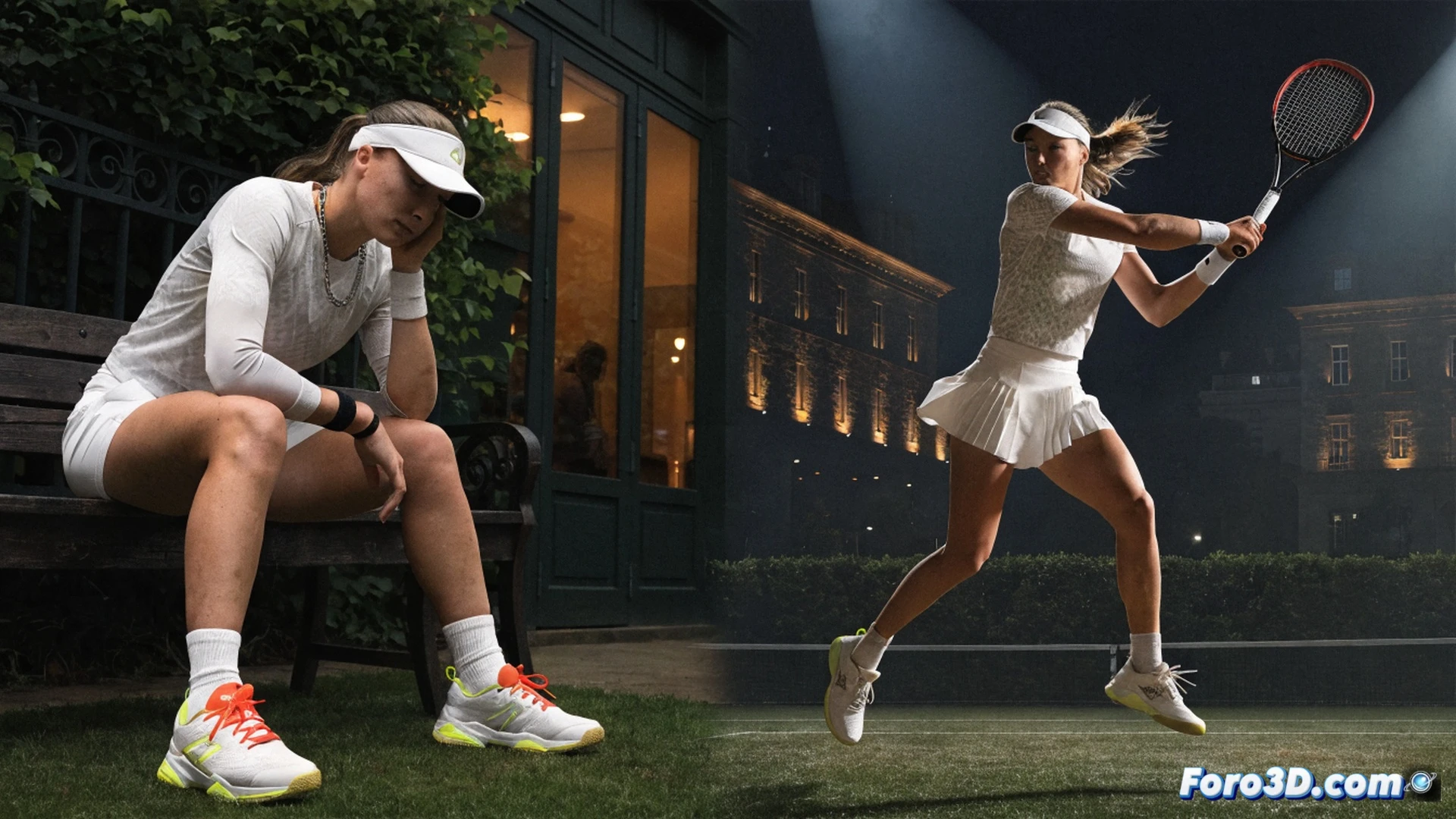 Iga Swiatek swinging a tennis racket during a match on grass court, Wimbledon Centre Court in background, ball mid-air with motion blur, racket strings and dampener visible, sweat on forehead showing effort, grass blades flying from her shoes, dramatic overcast sky, stadium stands partially empty, intense focus expression, cinematic sports photography style, photorealistic detail, golden hour lighting casting long shadows, Canon 70-200mm lens simulation, shallow depth of field, action freeze-frame, professional tennis gear close-up