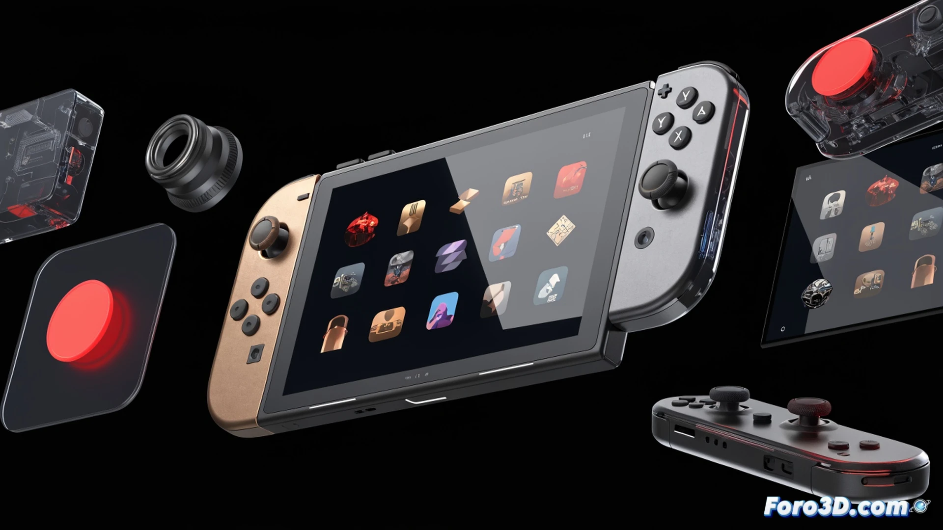 Nintendo Switch 2 eShop interface displaying a dark uniform theme on a tablet screen, a hand entering a numeric PIN on a virtual keypad over a shopping cart icon, video playback controls showing fast-forward and rewind buttons on a game trailer, system settings menu demonstrating theme synchronization with the console, cinematic technical illustration, sleek black UI with subtle blue highlights, glowing security padlock overlay, smooth gradient background, photorealistic render of modern gaming hardware