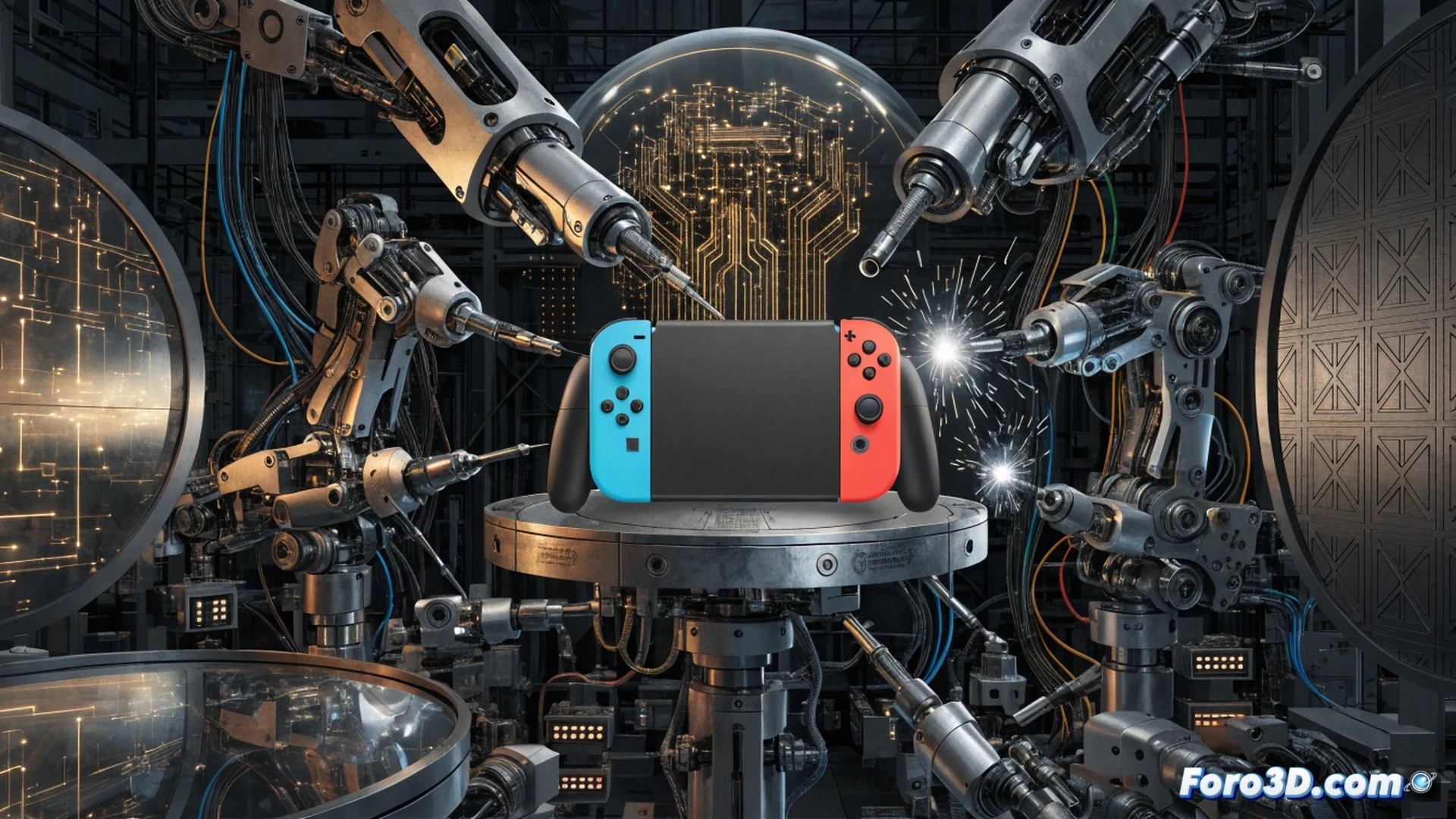 Nintendo Switch 2 console motherboard being assembled by robotic arm, GPU chip glowing red-hot during AI processing stress test, semiconductor wafers stacked nearby with price tags rising in the background, cooling fan spinning rapidly while dollar bills evaporate into steam, technical engineering visualization, metallic green circuit board traces glowing with data flow, industrial clean room environment, dramatic overhead lighting casting sharp shadows, photorealistic render, macro lens focus on chipset overheating, financial pressure visualized through thermal distortion waves