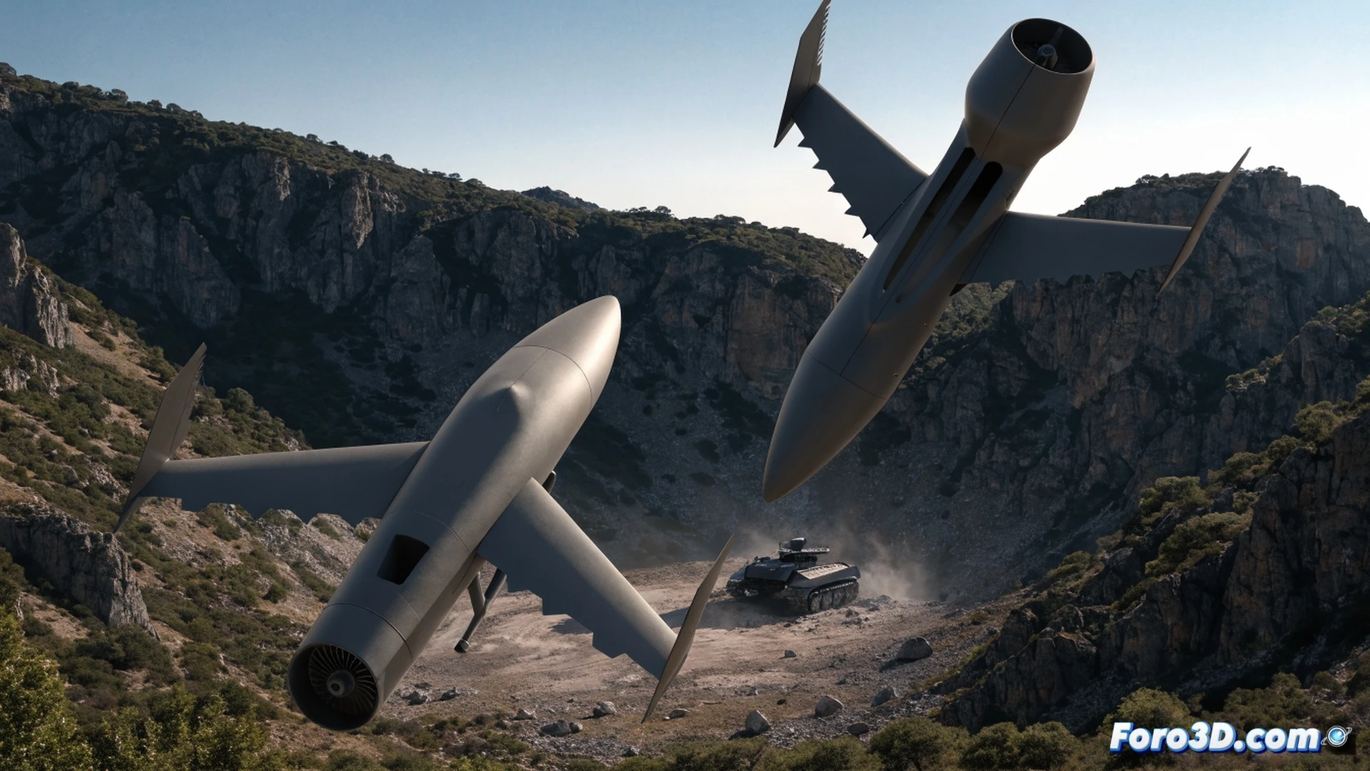 Switchblade 600 drone mid-flight aborting a strike on a heavy armored vehicle, missile wings folded back while hovering above target, operator interface visible in background showing mission re-routing process, camera feed from drone displaying live battlefield terrain, launch tube container on ground nearby, cinematic engineering visualization, dramatic sunset sky with contrails, metallic fuselage with matte black finish, glowing red abort command indicator on control screen, motion blur on rotating propeller, dust particles rising from ground, photorealistic technical render