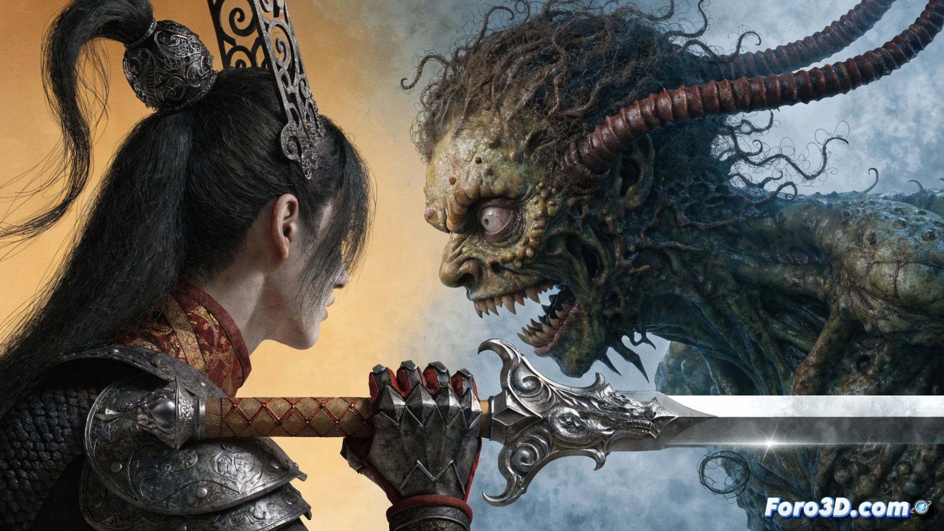 dark forest clearing at night, a young male swordsman in traditional ninja attire drawing a curved katana mid-swing, a female demon with clawed hands and glowing red eyes lunging forward, her tattered kimono trailing behind, sparks flying from blade collision, moonlight piercing through dense canopy, cinematic fantasy action scene, dramatic side lighting, motion blur on sword arc, glowing demon blood splatter, photorealistic digital painting, high contrast shadows, detailed textures on fabric and steel, dynamic combat pose, epic atmosphere
