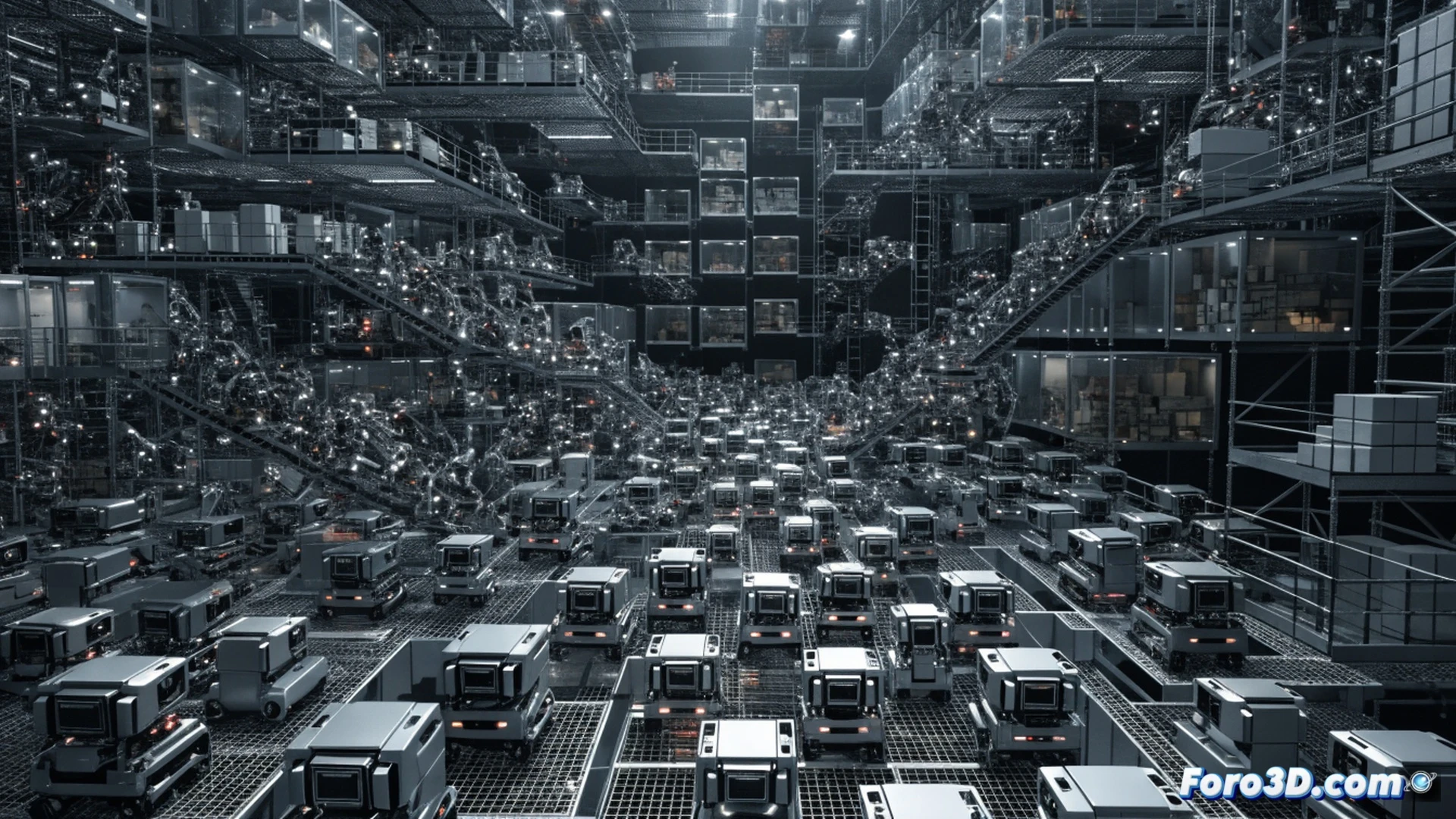 Autonomous robotic swarm in a three-dimensional warehouse grid, hundreds of silver bots moving simultaneously without aisles, one robot gripping a cardboard box from a dynamic shelf while another transports a pallet overhead, glowing status LEDs on each unit, mechanical arms in motion, software data streams visualized as translucent blue lines connecting bots, hyper-efficient spatial packing, no static racks visible, cinematic engineering visualization, photorealistic industrial lighting, metallic textures, extreme depth of field, dynamic action frozen mid-motion