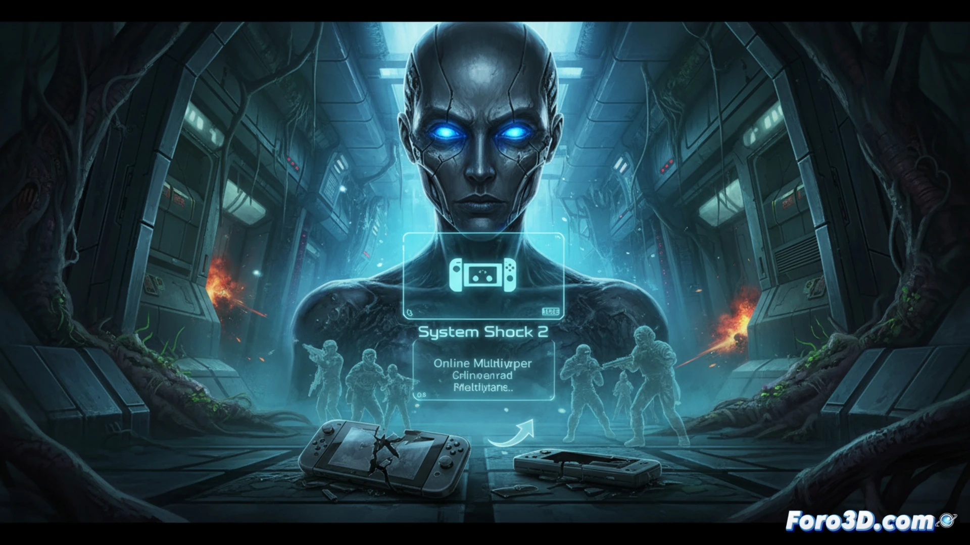 Nintendo Switch 2 consola portátil mostrando pantalla de System Shock 2 con gráficos renovados, personaje en primera persona disparando a un mutante biomecánico en un pasillo oscuro de nave espacial, humo y partículas volando durante el combate, efectos de luz de linterna y destellos de plasma, controladores Joy-Con conectados inalámbricamente mientras un segundo jugador aparece en pantalla cooperativa, fondo con paneles metálicos oxidados y cables expuestos, estilo cinematográfico de ciencia ficción, iluminación dramática azul y roja, texturas nítidas de alta definición, render fotorrealista técnico.