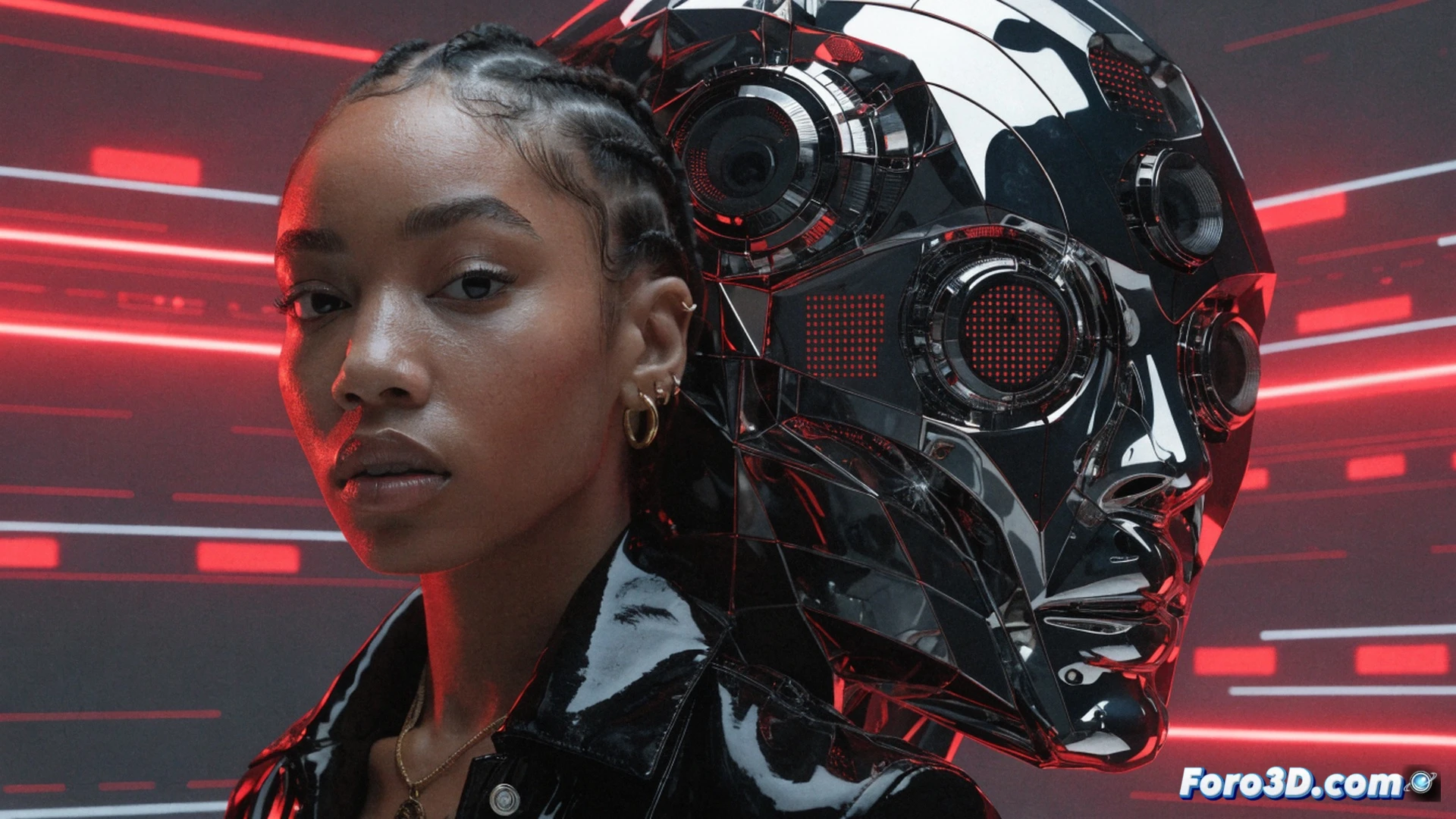 photorealistic scene of a female singer silhouette trapped inside a glowing algorithm grid, her vocal waveform being extracted and copied by robotic arms into a server rack, while a giant corporate hand logo hovers above pressing a pay button that remains broken and inactive, digital chains connecting her mouth to data cables, cinematic lighting with blue and red neon contrast, ultra-detailed metallic textures, glowing circuit board floor, dramatic shadows, technical illustration style