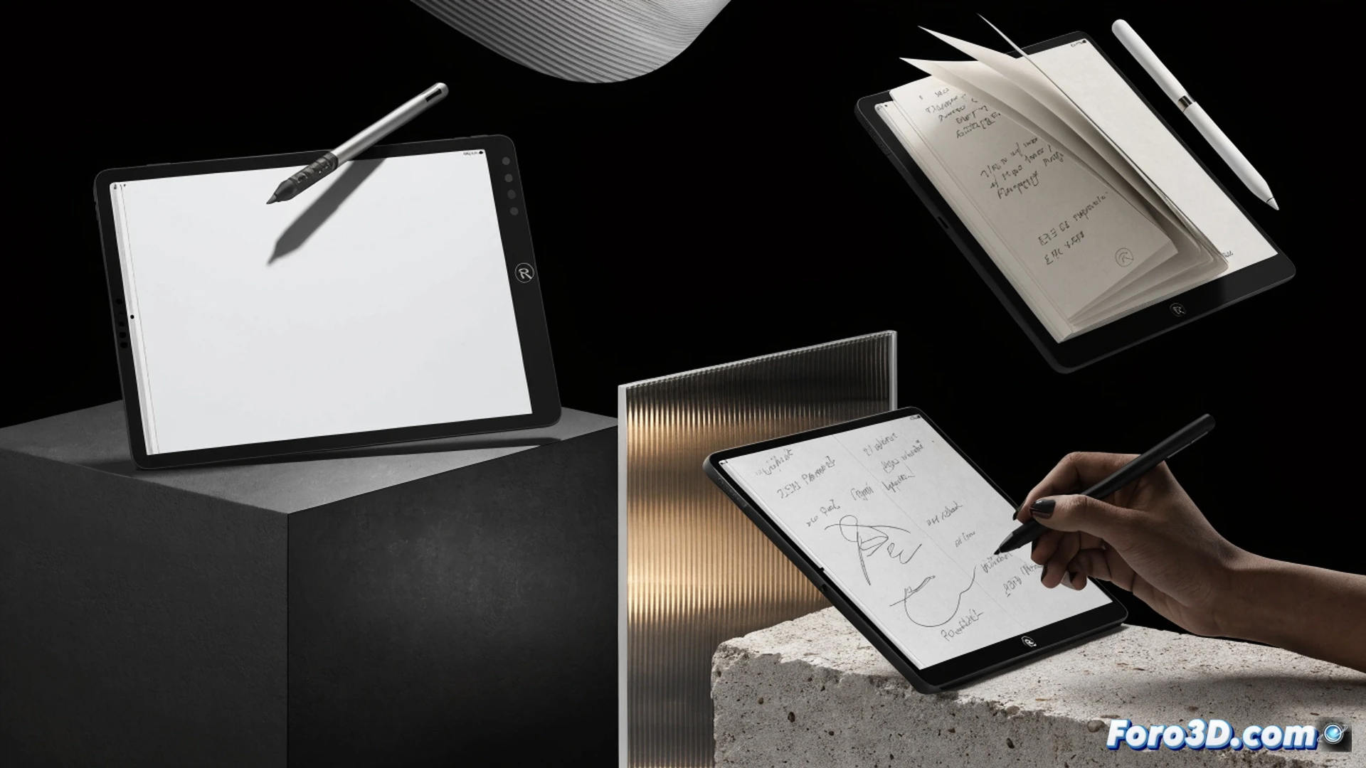 professional workspace scene, person holding reMarkable Paper Pro tablet with stylus, writing notes on paper-texture screen, second device reMarkable 2 tablet beside notebook with handwritten annotations, cloud sync icon hovering above devices, two-week battery indicator subtle, minimalist desk setup with pen and coffee cup, cinematic product photography style, soft natural lighting from window, shallow depth of field, photorealistic render, premium tech editorial aesthetic