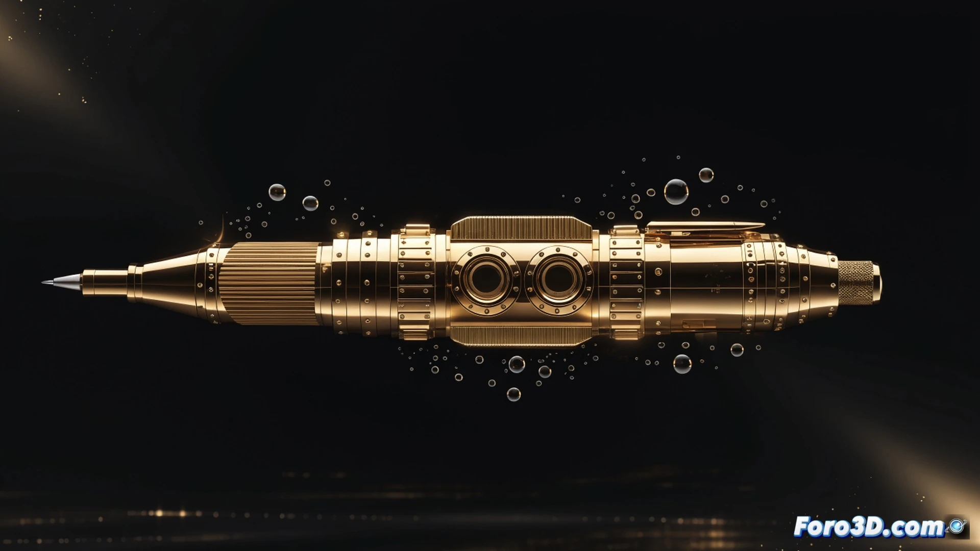 close-up of a luxury pen body being unscrewed, brass cylinder with naval-inspired fluted grooves and a fin-shaped clip, mechanical ballpoint tip deploying ink onto textured paper, golden metallic reflections under studio lighting, cinematic product photography, polished metal surfaces, macro shot showing precision machining marks, subtle oil residue on moving parts, dramatic side lighting emphasizing the submarine design cues, photorealistic technical product render