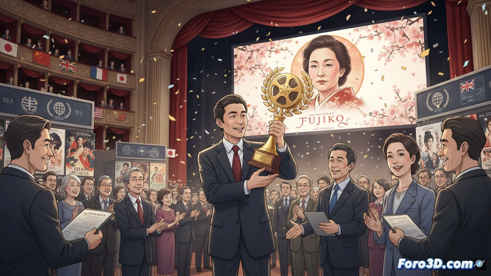 Taichi Kimura sonríe en la alfombra roja, sosteniendo el premio, mientras carteles de Fujiko brillan tras él.