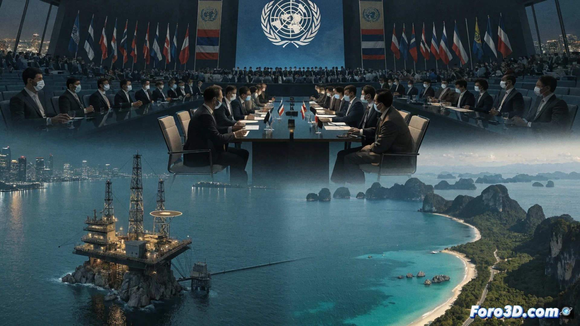 Two officials in suits shaking hands over a UN emblem on a polished table, a holographic 3D map of the Gulf of Thailand floating above them showing underwater oil rigs and gas pipelines, red boundary lines being adjusted by a finger gesture, technical blueprint overlays of drilling platforms, photorealistic cinematic visualization, soft blue ambient light from the hologram, polished chrome pens and documents scattered, hyper-detailed textures on fabric and skin, dramatic shadow play emphasizing negotiation process, architectural rendering style with engineering precision
