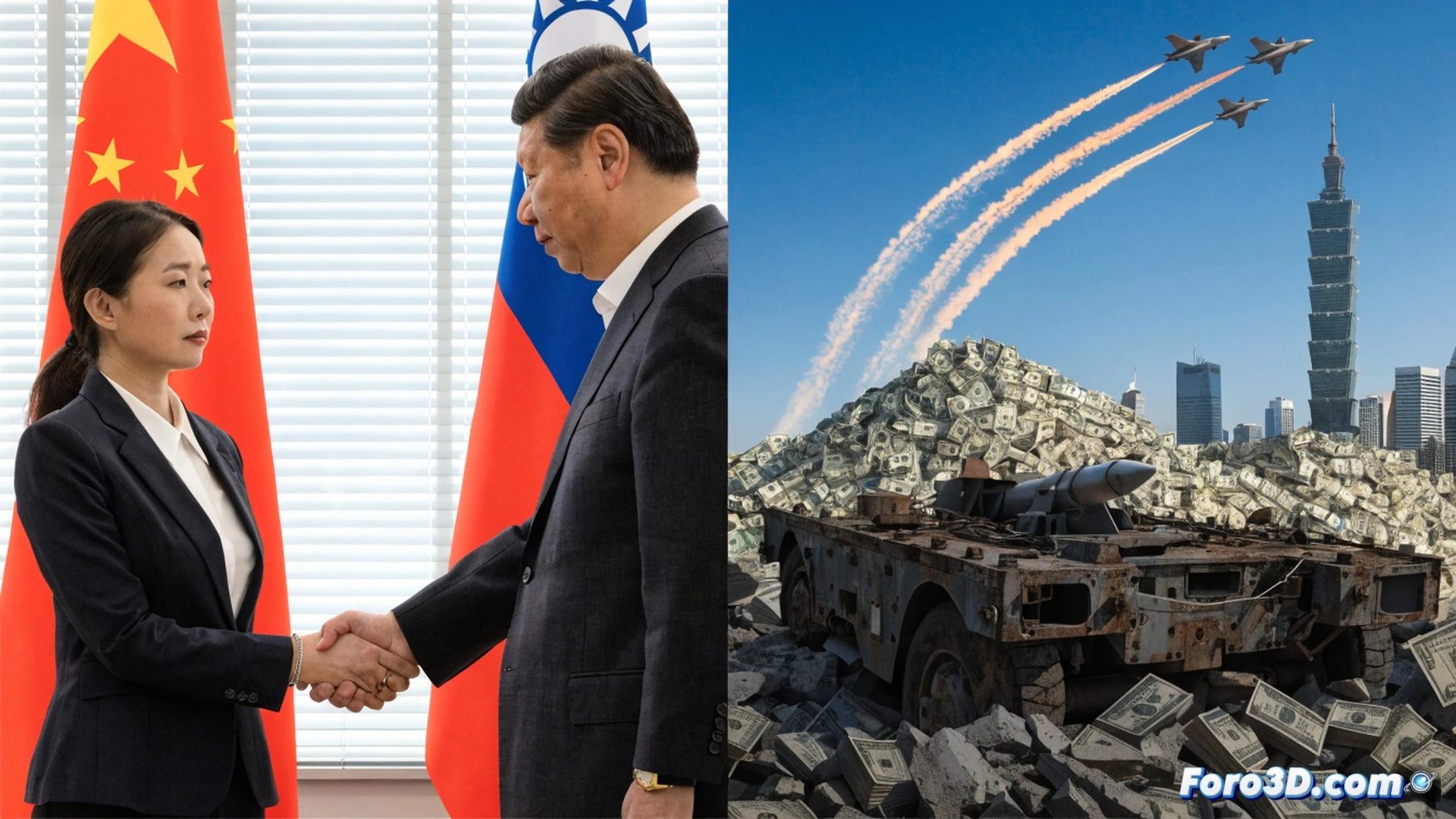 Taiwan Strait geopolitical tension scene, military budget documents being crossed out with red marker reducing 40 to 25 billion USD, US embassy official frowning while observing through binoculars, Taiwanese opposition leader shaking hands with Chinese president in background, missile silos partially dismantled, fighter jets grounded on runway, diplomatic cables glowing on a digital map, cinematic photorealistic visualization, dramatic stormy sky over Taipei skyline, high-contrast industrial lighting, geopolitical tension atmosphere, ultra-detailed political negotiation imagery