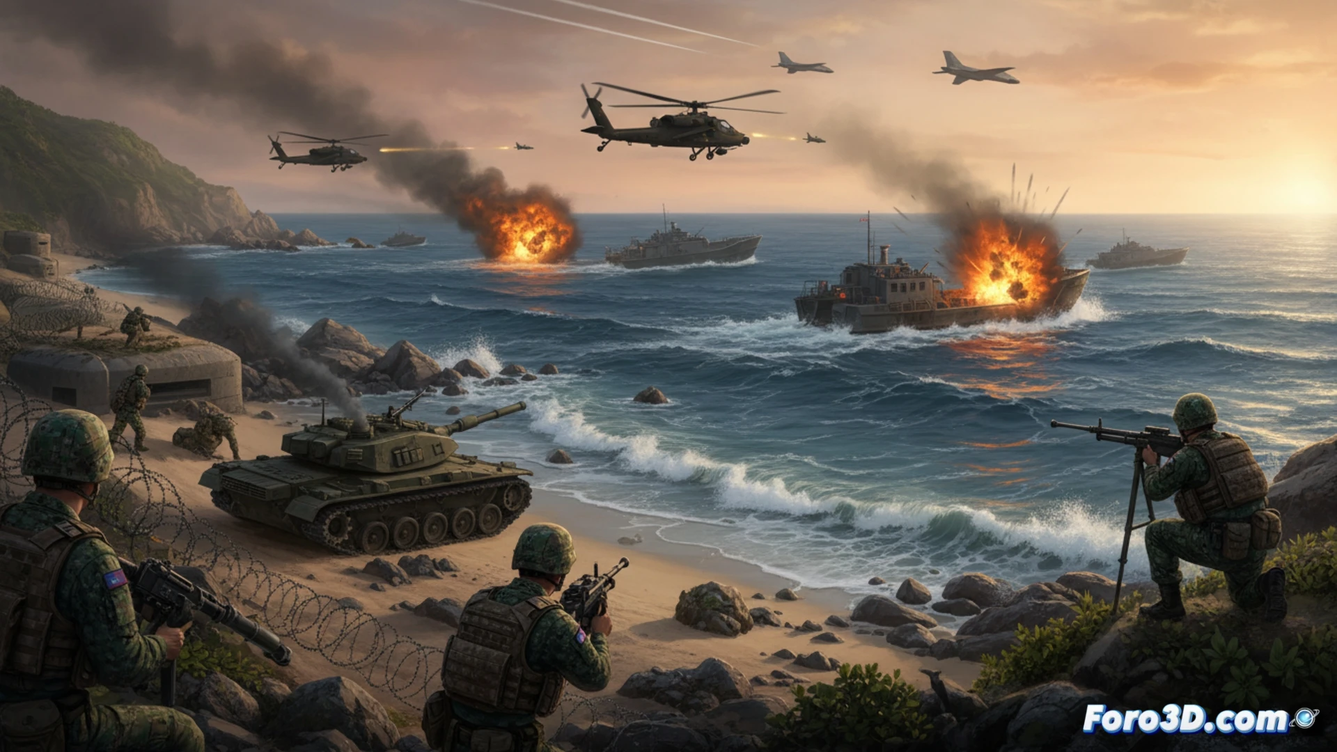 Taiwanese coastal defense exercise at dawn, soldiers rapidly deploying anti-landing obstacles on a beach, amphibious assault vehicles approaching from misty sea, M60 tanks in defensive positions firing smoke shells, radar dishes scanning horizon, soldiers carrying T91 assault rifles and Javelin missile launchers, sandbags and concertina wire fortifications, combat engineers laying mines along shoreline, dramatic explosion in water from artillery impact, photorealistic military simulation, cinematic low-angle shot, overcast sky, tense atmosphere, high detail on equipment and uniforms, motion blur on running troops, realistic tactical scenario