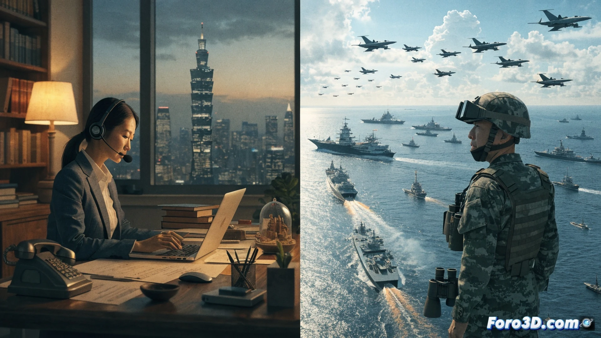 cargo ship silhouette crossing the Taiwan Strait at dawn, multiple military jet contrails slicing through orange sky above, radar screens glowing red on a naval bridge showing incoming flight paths, sailors operating sonar consoles while a diplomat figure stands isolated at the window with a blank notepad, photorealistic technical illustration, cold blue-green ocean surface, metallic reflections on warship hulls, tension lines in the atmosphere, cinematic wide-angle perspective, hyper-detailed instrument panels, realistic light scattering through haze, no text or letters visible