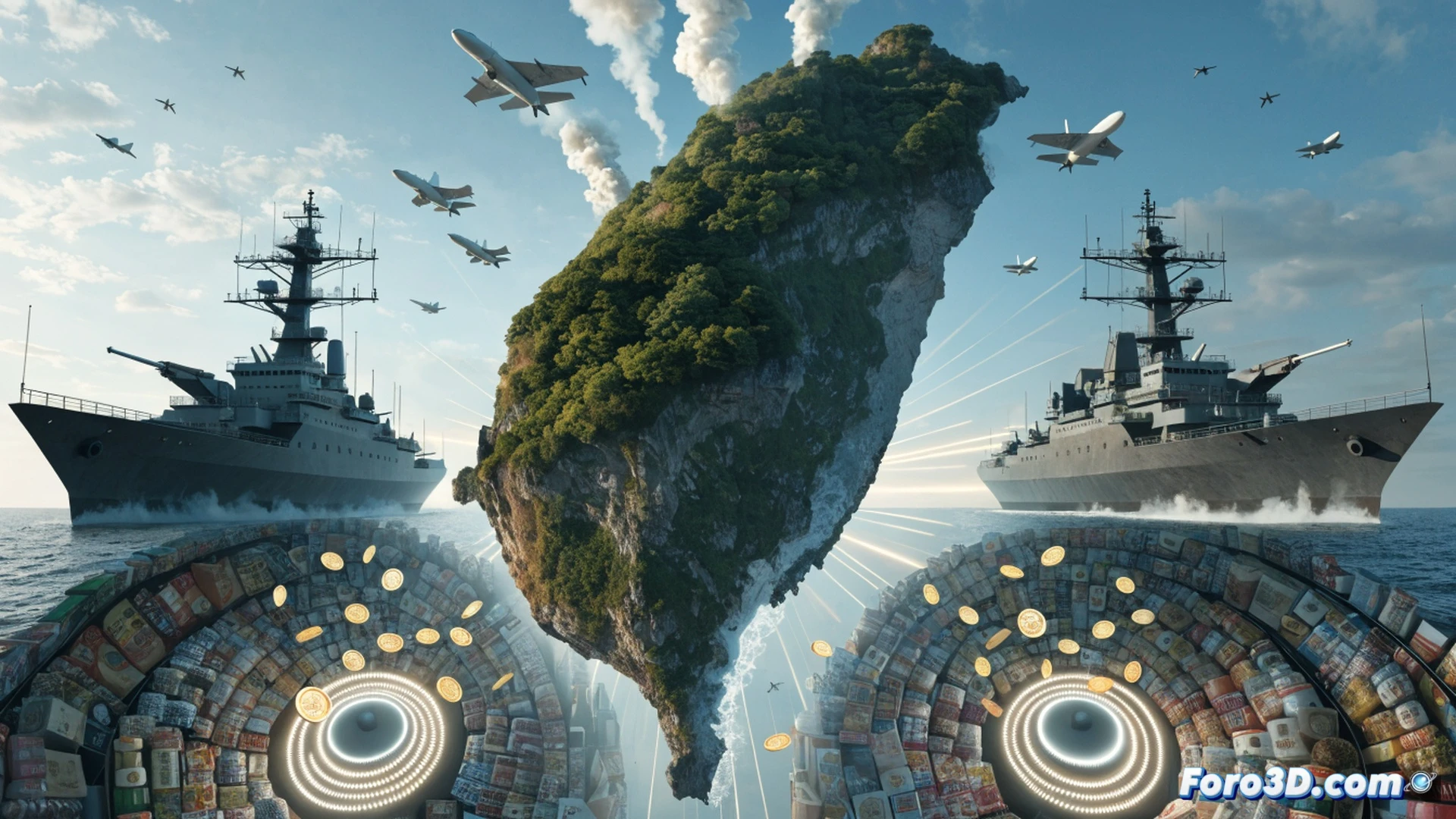 global shipping container ship navigating through stormy Taiwan Strait, rusty cargo containers stacked high, a family in a modest home watching a rising price tag on a digital display of a basic food item, military silhouettes of warships faint on the horizon, technical cutaway showing supply chain disruption with red arrows from the strait to supermarket shelves, realistic cinematic visualization, dramatic overcast lighting, detailed mechanical structures of the ship and containers, photorealistic engineering render, economic pressure visualized through contrast between maritime trade and domestic kitchen scene