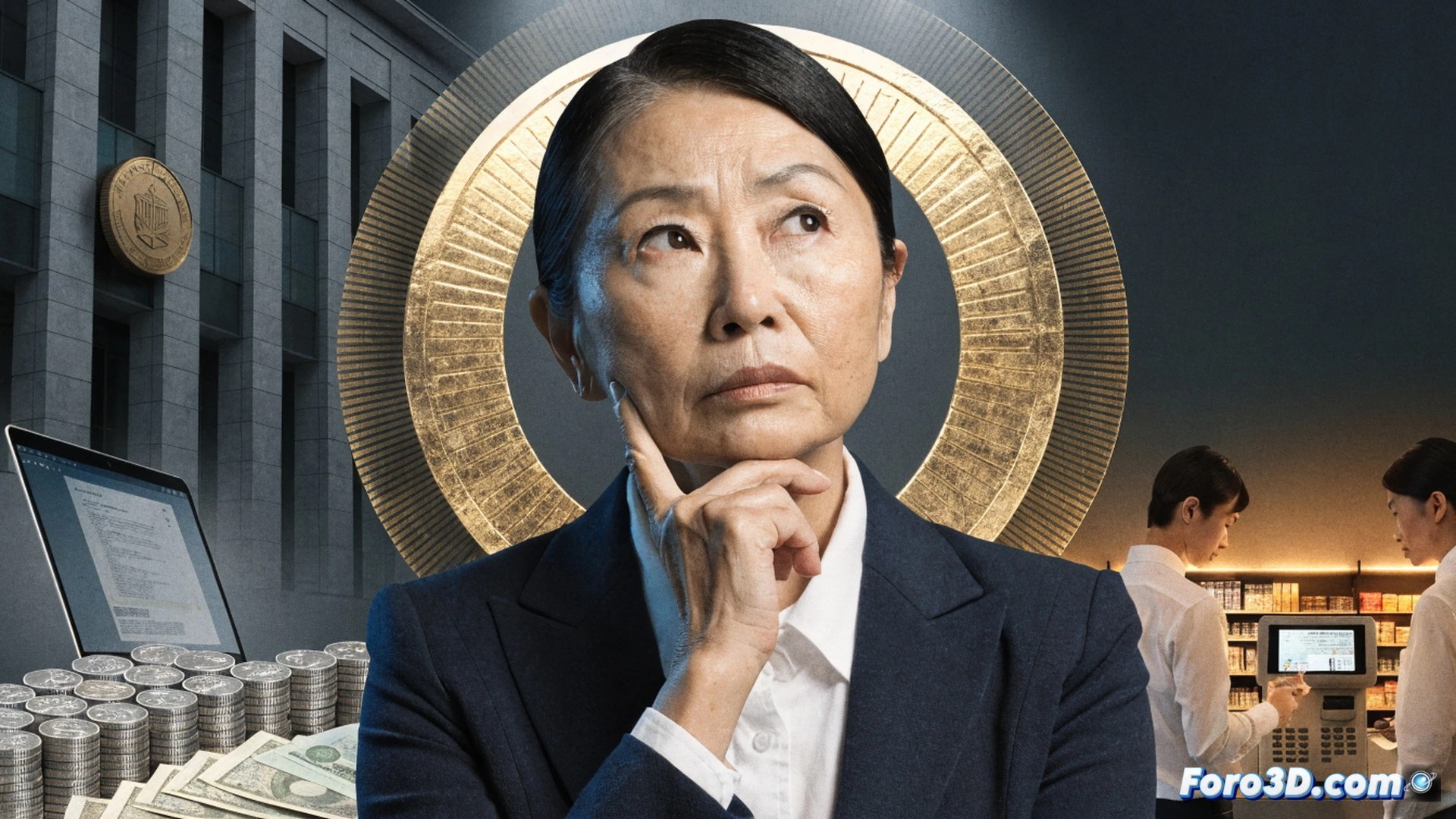 Japanese political figure Takaichi standing at a podium, pointing toward a large digital screen showing a two-year countdown timer and a tax rate graph decreasing from 10% to 8%, citizens in a supermarket holding shopping baskets with relieved expressions, shelves filled with groceries, subtle currency symbols floating upward, cinematic photorealistic style, warm government building lighting, polished wooden podium, professional attire, realistic facial details, shallow depth of field, soft ambient glow from screen, high-end technical illustration