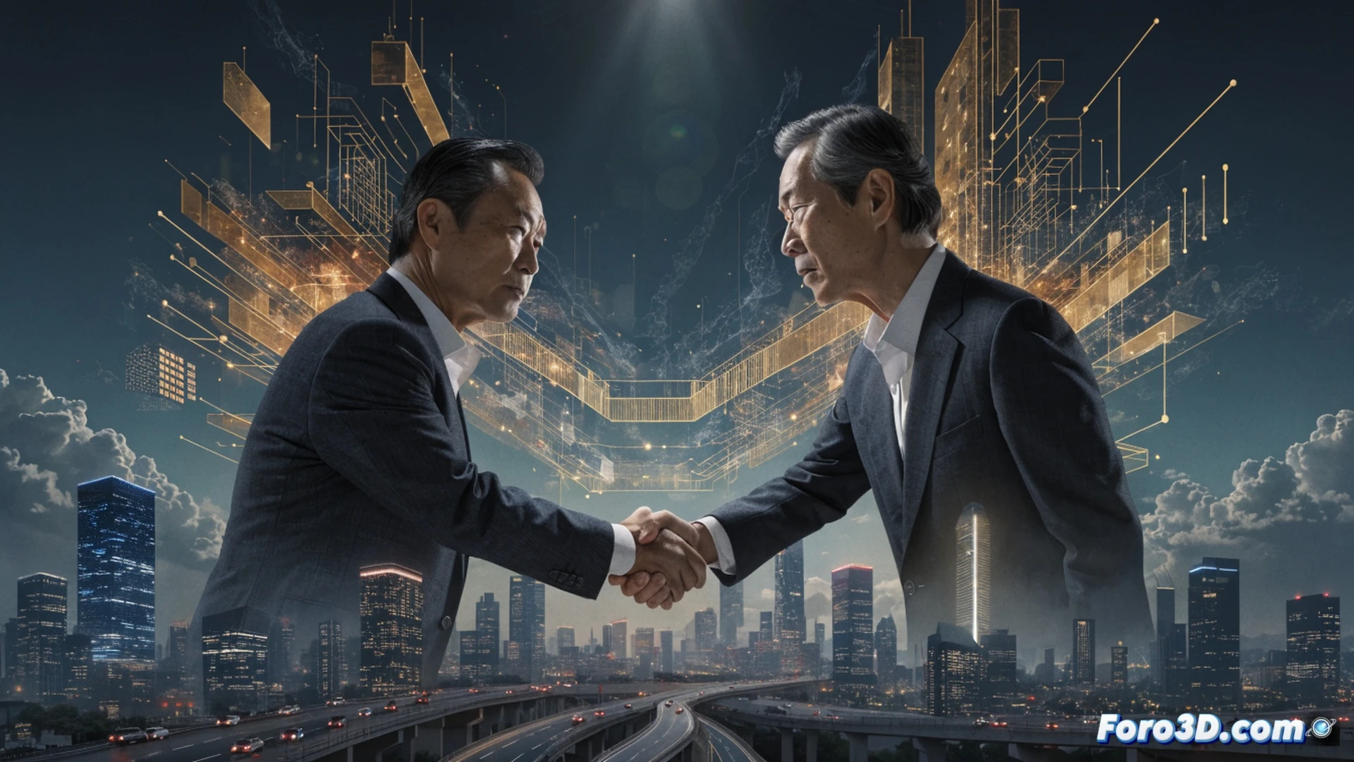 Japanese government building interior, Prime Minister Takaichi shaking hands with JIP leader over a polished wooden desk, architectural blueprints of urban development projects unrolled between them, holographic city model showing new capital towers and transit hubs floating above the table, LDP advisors observing from background, sunlight streaming through floor-to-ceiling windows casting sharp shadows, photorealistic political negotiation scene, professional business attire, subtle Japanese flag in background, dramatic natural lighting, ultra-detailed textures on documents and suits, cinematic composition emphasizing collaboration