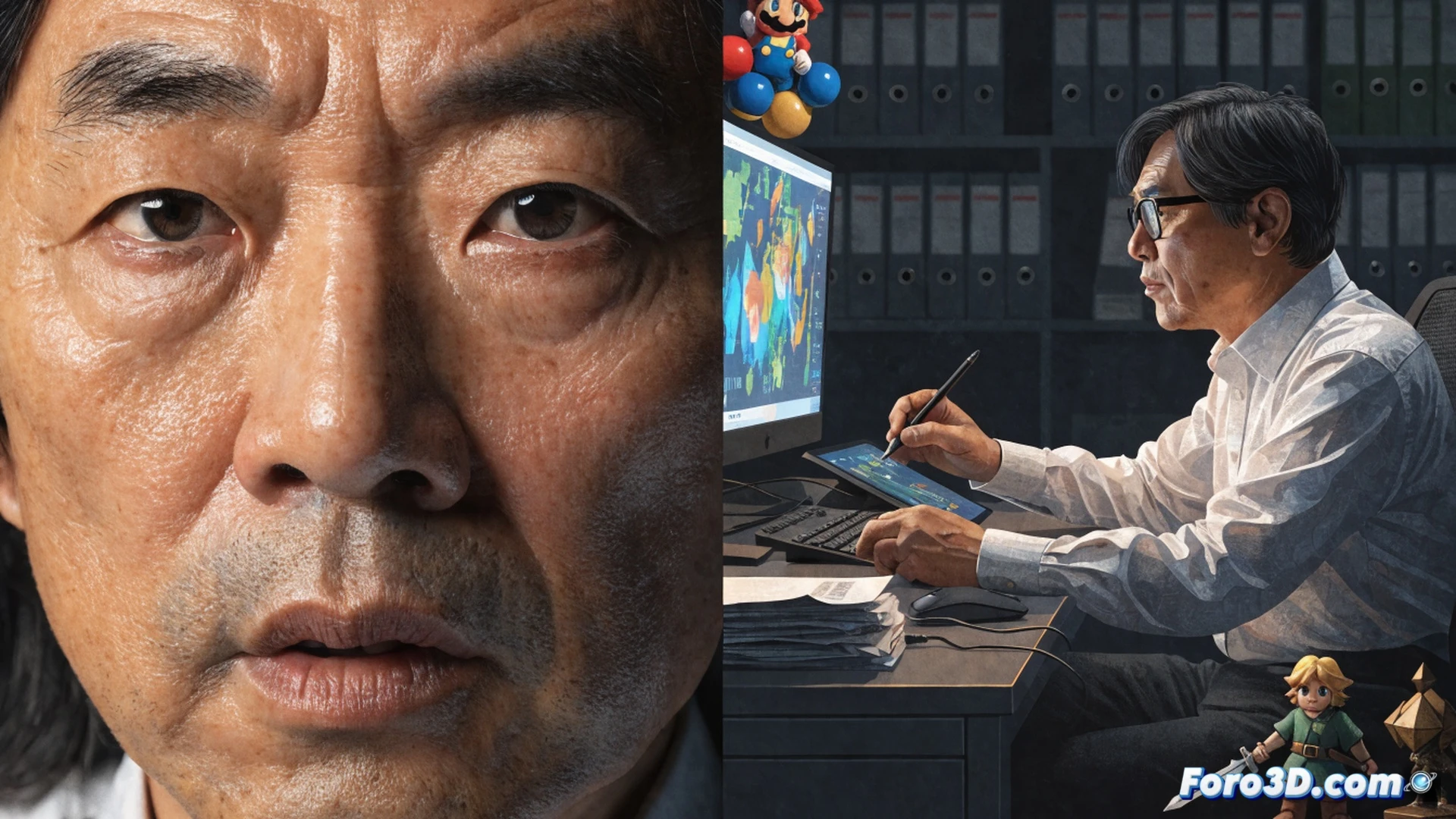 Nintendo veteran game designer Takashi Tezuka transitioning from executive desk to creative workstation, handing over director badge while picking up stylus pen, holographic screen showing Super Mario level editor with character sprites, Zelda dungeon map in background, bridge connecting two separate teams one with game controllers and one with financial charts, nostalgic pixel art elements floating upward transforming into modern 3D models, cinematic technical illustration, warm office lighting, wooden desk with retro Nintendo console prototypes, photorealistic render, subtle motion blur on transitioning objects