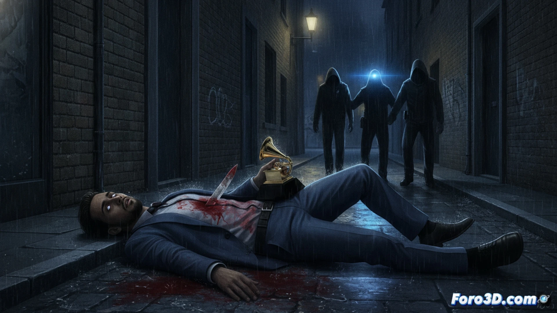 cinematic photorealistic scene of a London street at night, a bloodstained knife clattering onto wet cobblestones while a Grammy award trophy lies shattered nearby, a man in a hoodie fleeing into the shadows, forensic evidence markers glowing on the pavement, urban surveillance camera mounted on a brick wall, rain-slicked reflections of streetlights, dramatic chiaroscuro lighting, hyperdetailed textures of metal and stone, motion blur on the escaping figure, forensic yellow tape in background, ultra-realistic crime scene composition