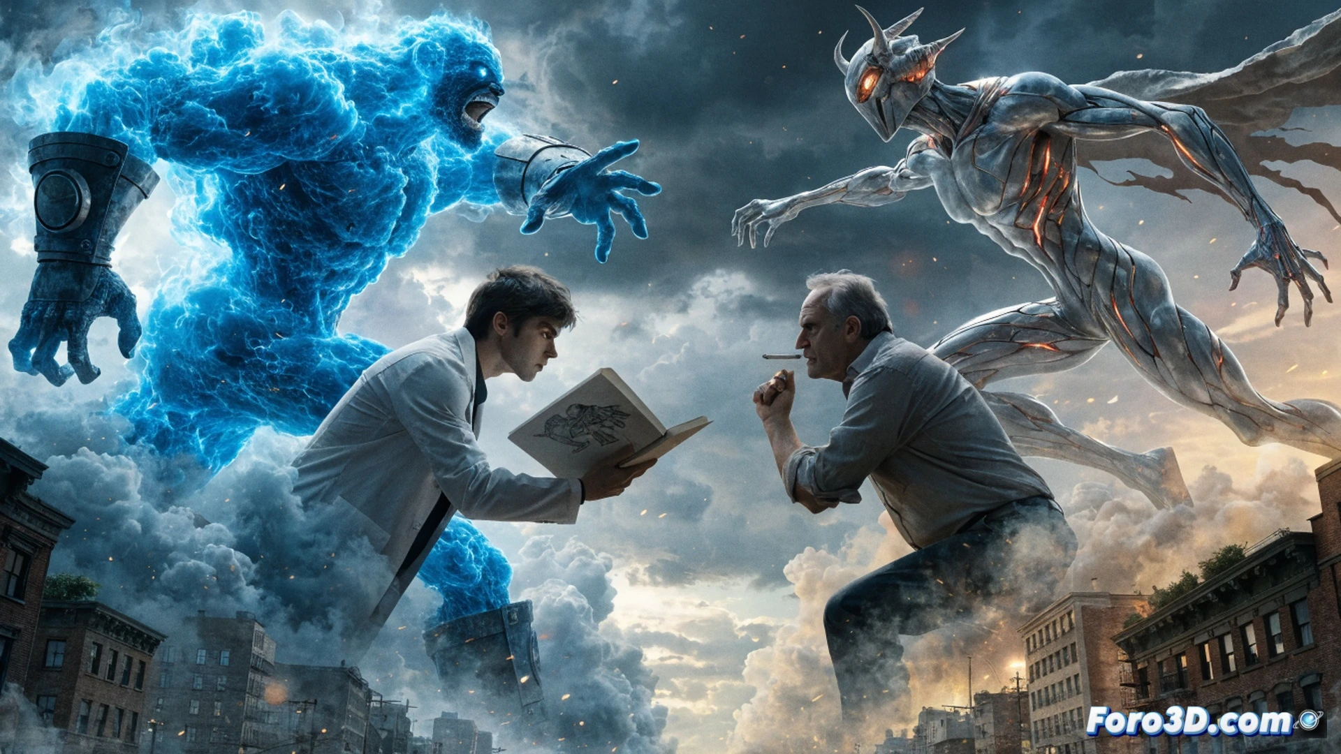 two comic book creators in a bitter argument inside a messy studio, their hands gripping pencils and tablets, while their superhero characters burst out of sketchbook pages and computer screens into the real world, a hero in mid-punch colliding with a villain made of ink splashes, papers flying, coffee cups knocked over, glowing digital panels showing unfinished character designs, cinematic lighting with dramatic shadows, photorealistic style, chaotic action frozen in a single moment, intense expressions, debris suspended in air, realistic textures on paper and skin, ultra-detailed studio clutter