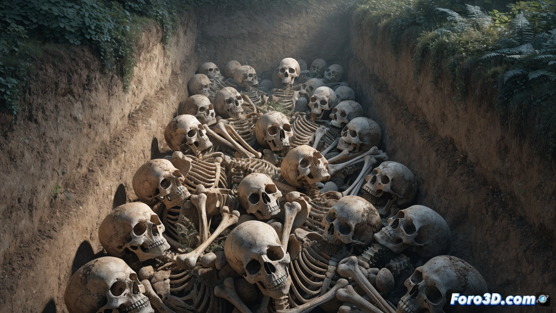 Neolithic mass grave excavation scene, skeletal remains arranged in a tight pit, 34 skulls showing blunt force trauma on left temporal bones, archaeologists using trowels and brushes uncovering bones, measuring tools and survey grids visible, no weapons or defensive postures present, cinematic photorealistic archaeological visualization, dramatic side-lighting casting deep shadows across the pit, earth tones and bone textures ultra-detailed, forensic evidence of systematic execution emphasized, historical mystery atmosphere