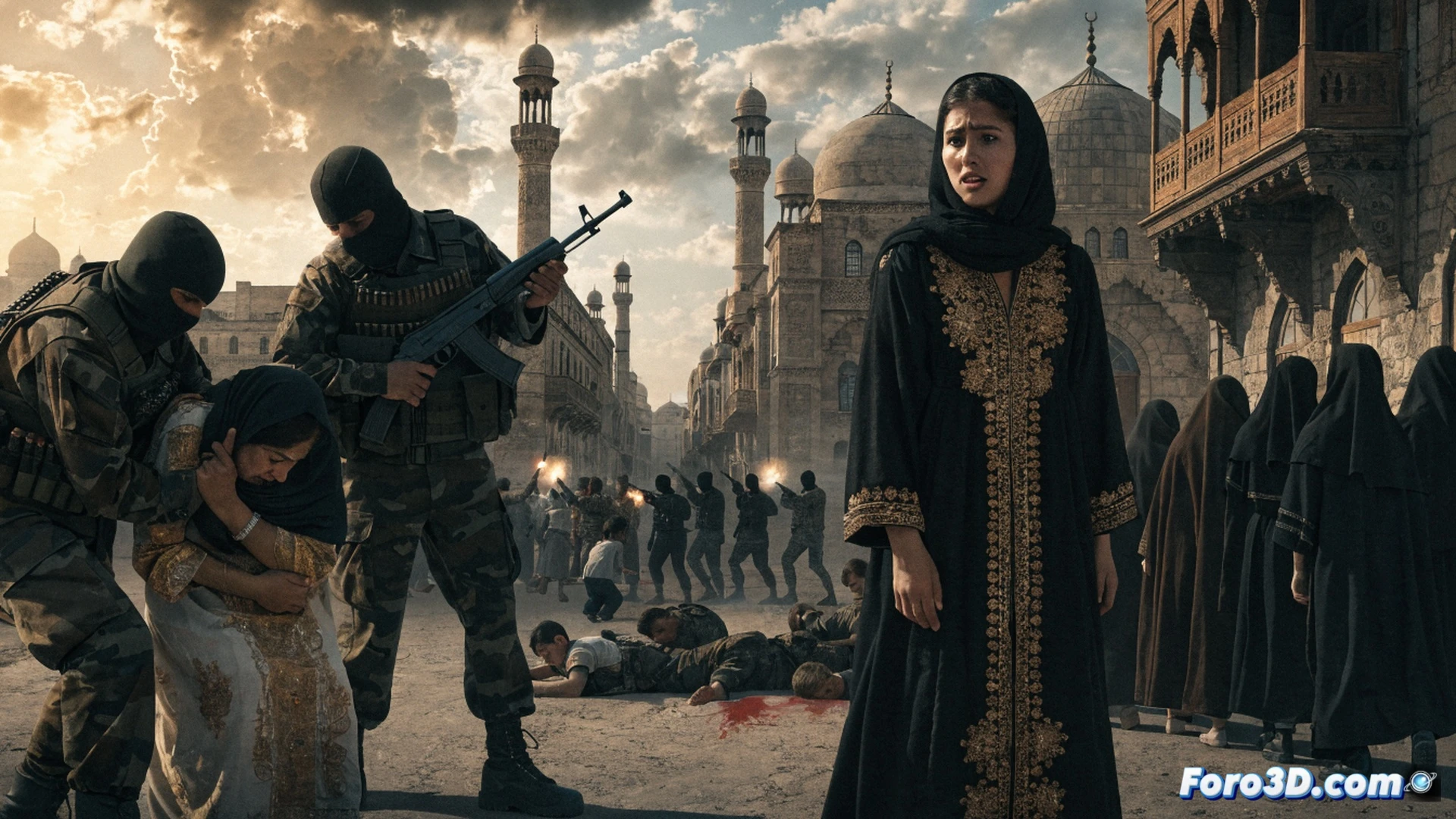cinematic photorealistic scene of Afghan women in blue burqas being forcefully pulled into a military pickup truck by armed Taliban fighters in Herat street, dust rising from boots and tires, two figures lying motionless on ground near a child’s sandal, smoke from warning shots drifting past concrete walls, technical illustration style with high-contrast shadows, gritty urban backdrop, harsh midday sun casting long shadows, detailed fabric folds and weapon textures, documentary realism with dramatic tension