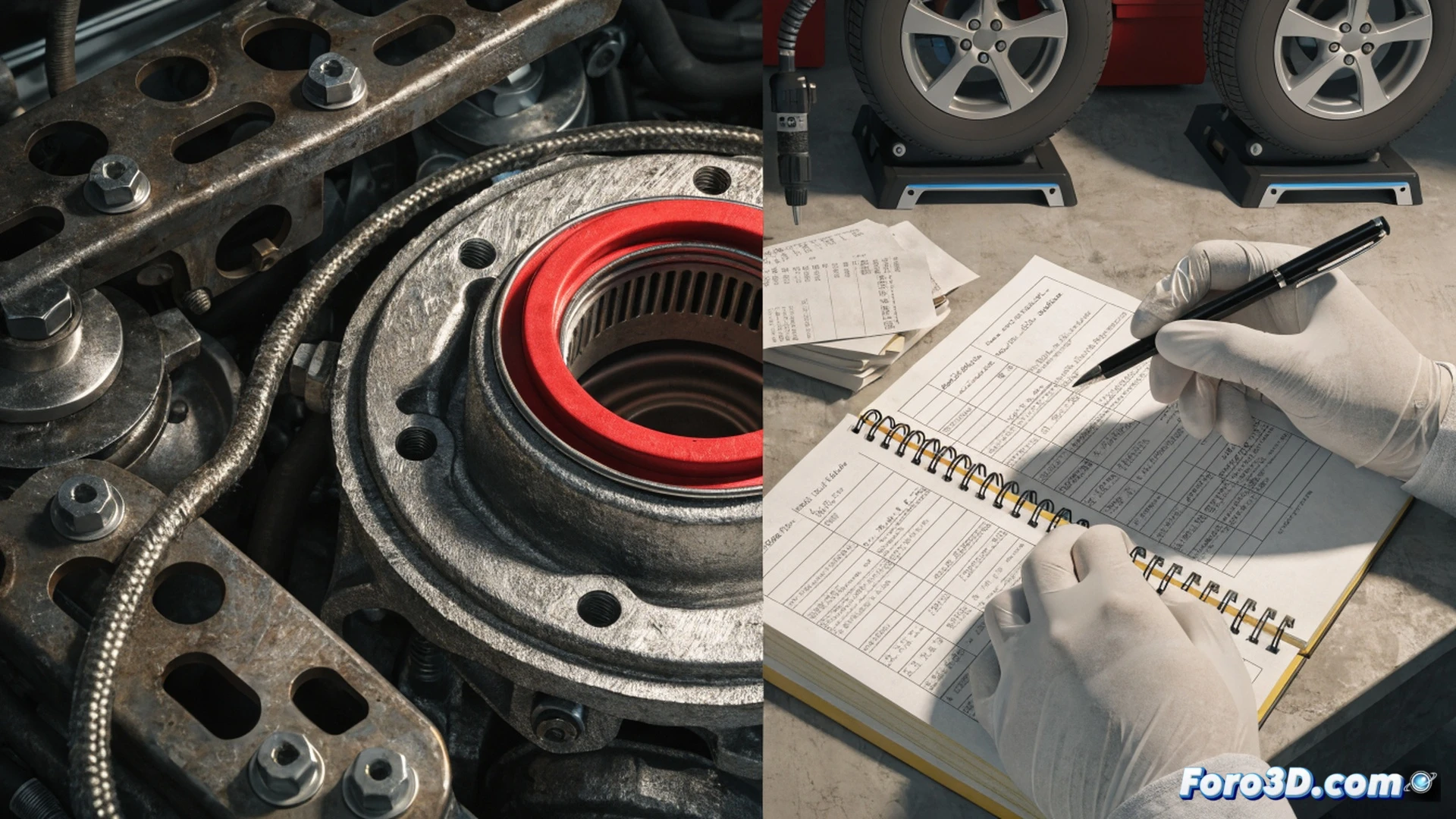 Modern auto repair workshop scene, mechanic in blue overalls holding a tablet showing digital maintenance records, car on hydraulic lift with open hood, diagnostic scanner connected to OBD2 port displaying green checkmark, stack of paper invoices on workbench with pen, calendar on wall marking 2022, toolbox with wrenches visible, European flag sticker on window, photorealistic technical illustration, bright workshop lighting, clean organized environment, action of documenting repair process, demonstrating warranty compliance