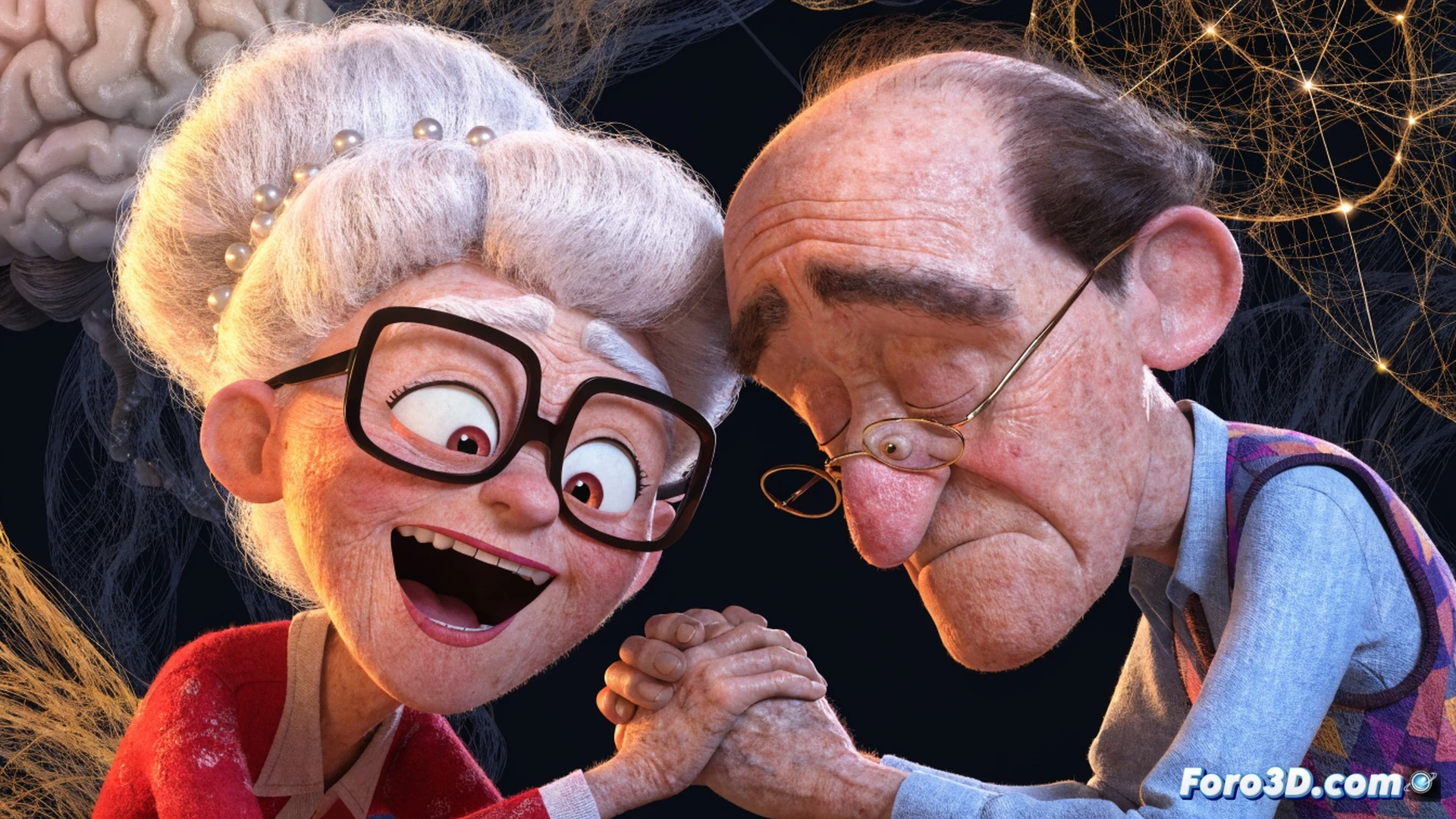 cinematic animation scene of a middle-aged woman gently brushing an elderly mother s hair while colorful tangled threads float from the mother s head forming whimsical shapes, digital drawing tablet and stylus visible on a desk in foreground, animation software interface partially shown on a monitor displaying character rigging controls, soft warm lighting contrasting with cool blue shadows, emotional yet playful atmosphere, watercolor-style textures blending with cel-shaded characters, photorealistic render of facial expressions showing simultaneous laughter and tears, technical illustration aesthetic with visible brushstroke layers and keyframe markers floating in the air