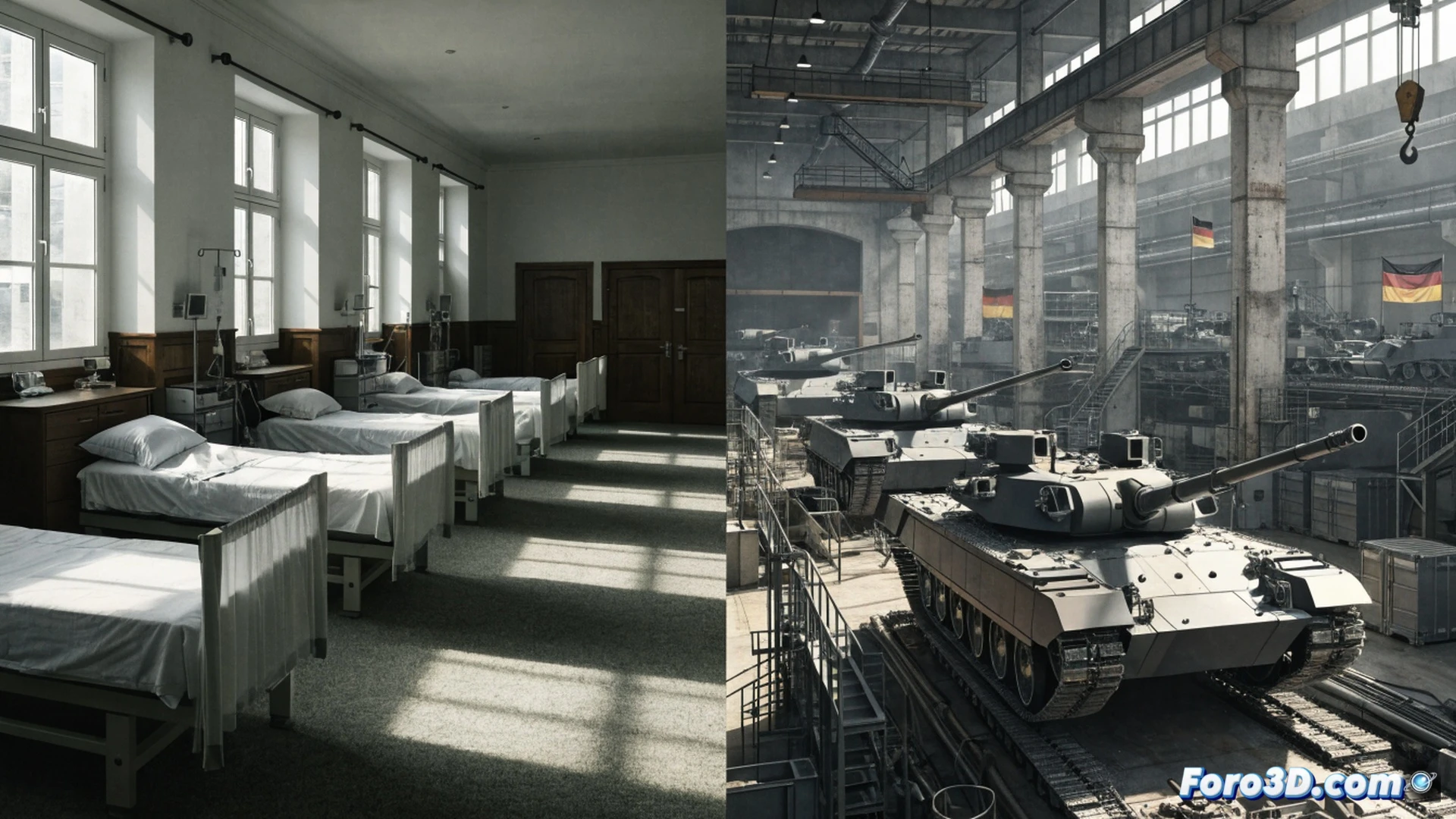 Photorealistic cinematic scene of a German Leopard 2 tank rolling over a hospital bed, crushing medical equipment like IV stands and heart monitors, while a civilian crowd watches from behind a chain-link fence, shadows of tanks stretching over a closed school building in the background, broken playground slide visible, dust and smoke rising from military convoy, contrast between polished tank armor and rusted ambulance doors, dramatic overcast lighting, wide-angle lens emphasizing scale, hyper-detailed textures of steel, concrete, and torn fabric, no text or numbers.