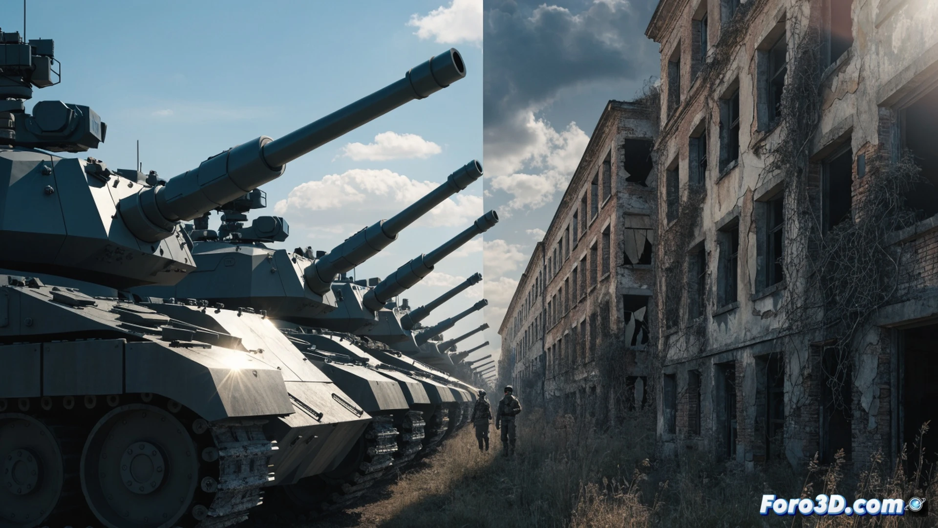 photorealistic technical visualization of a split public budget scene, left side showing a military factory assembly line with tank turrets being welded by robotic arms, sparks flying, right side showing a dilapidated hospital corridor with broken medical monitors and empty beds, a digital budget graph hovering between both sides showing red arrows pointing from social services to military hardware, cinematic lighting with cold blue tones on the left and warm desaturated colors on the right, ultra-detailed mechanical components and medical equipment, dramatic contrast highlighting the contradiction, engineering visualization style