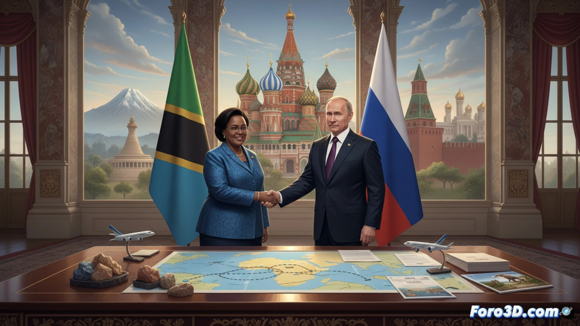 Primer plano de Samia Suluhu y Putin estrechando manos en el Kremlin, con banderas de Tanzania y Rusia al fondo y un mapa con rutas aéreas trazadas.