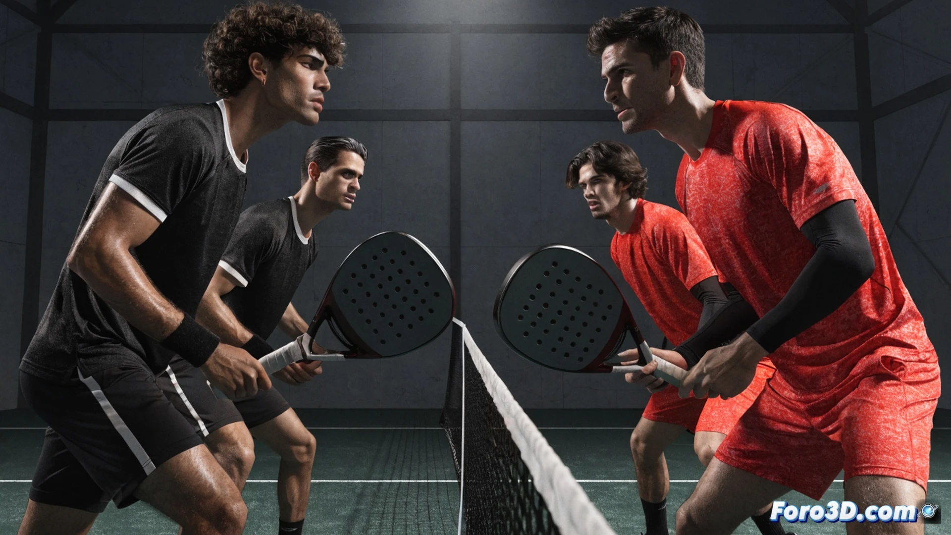 Professional pádel match action scene, two players mid-air executing a powerful smash at the net, opponent duo diving for a defensive volley, yellow ball frozen in motion with spin trail, glass back wall reflecting intense stadium lights, blue court surface with precise line markings, photorealistic sports photography style, dramatic low-angle shot, sweat droplets suspended in air, dynamic tension between aggressive attack and desperate defense, high-speed freeze-frame capturing split-second decision, cinematic lighting with shadows cutting across court, ultra-detailed racket string vibration and shoe grip texture