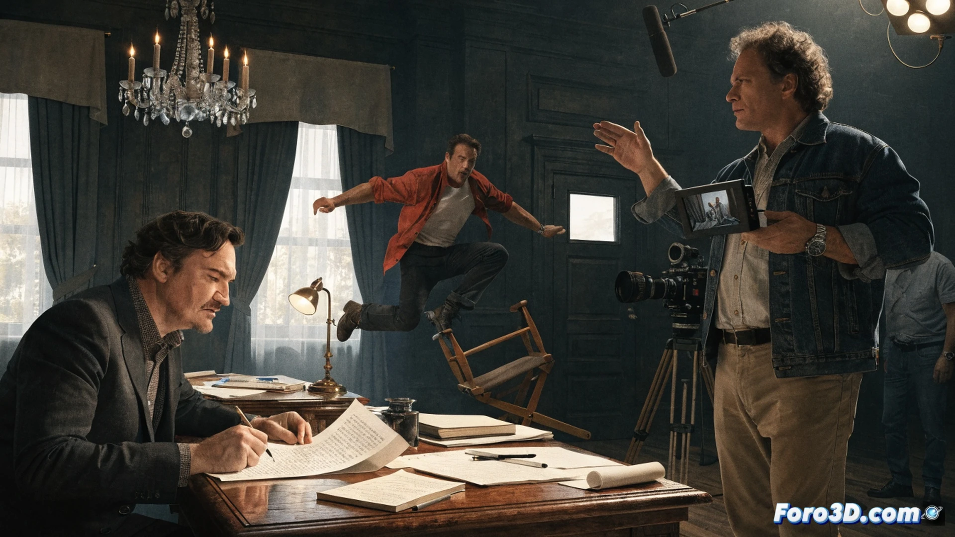 cinematic scene of a leather chair spinning empty in a retro Hollywood editing room, a screenplay titled Cliff Booth resting on a 35mm film editing table, David Fincher s hands adjusting a vintage Steenbeck flatbed editor while Quentin Tarantino s shadow walks away from the director s chair, film reels and celluloid strips curling around editing tools, dramatic chiaroscuro lighting with warm amber and cool blue tones, photorealistic technical illustration, film grain texture, analog editing equipment details, motion blur on spinning chair, nostalgic 1970s film set atmosphere