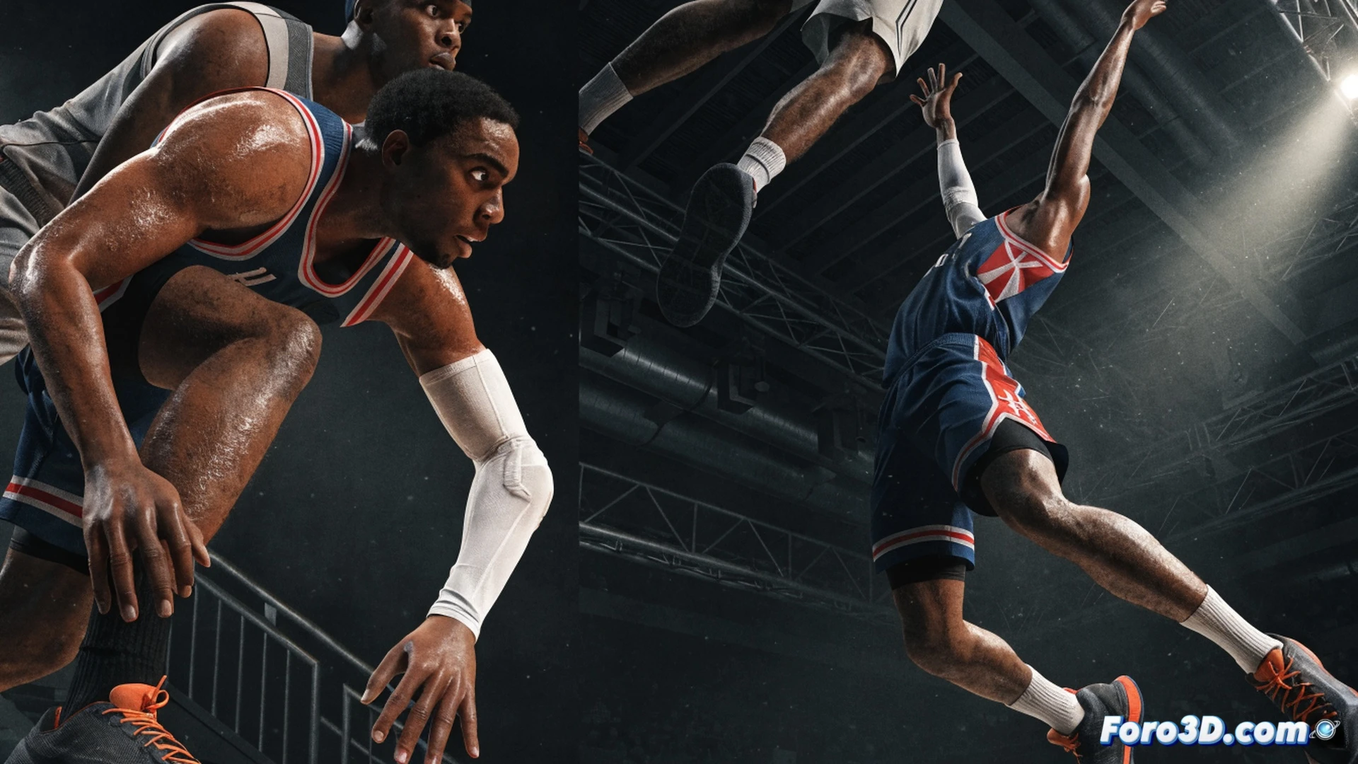 Close-up basketball court action sequence, Tari Eason in defensive stance lunging forward to intercept a pass, one hand deflecting the ball mid-air while his body twists toward transition, sweat droplets frozen in motion, defensive intensity visible in his eyes, technical illustration style with annotated motion lines tracing his steal trajectory, glowing vector arrows showing ball path deflection, court floor texture with hardwood grain and painted lines, dramatic side lighting casting sharp shadows, photorealistic sports biomechanics render, athletic compression gear with team colors, basketball blurred in background, high-contrast cinematic lighting