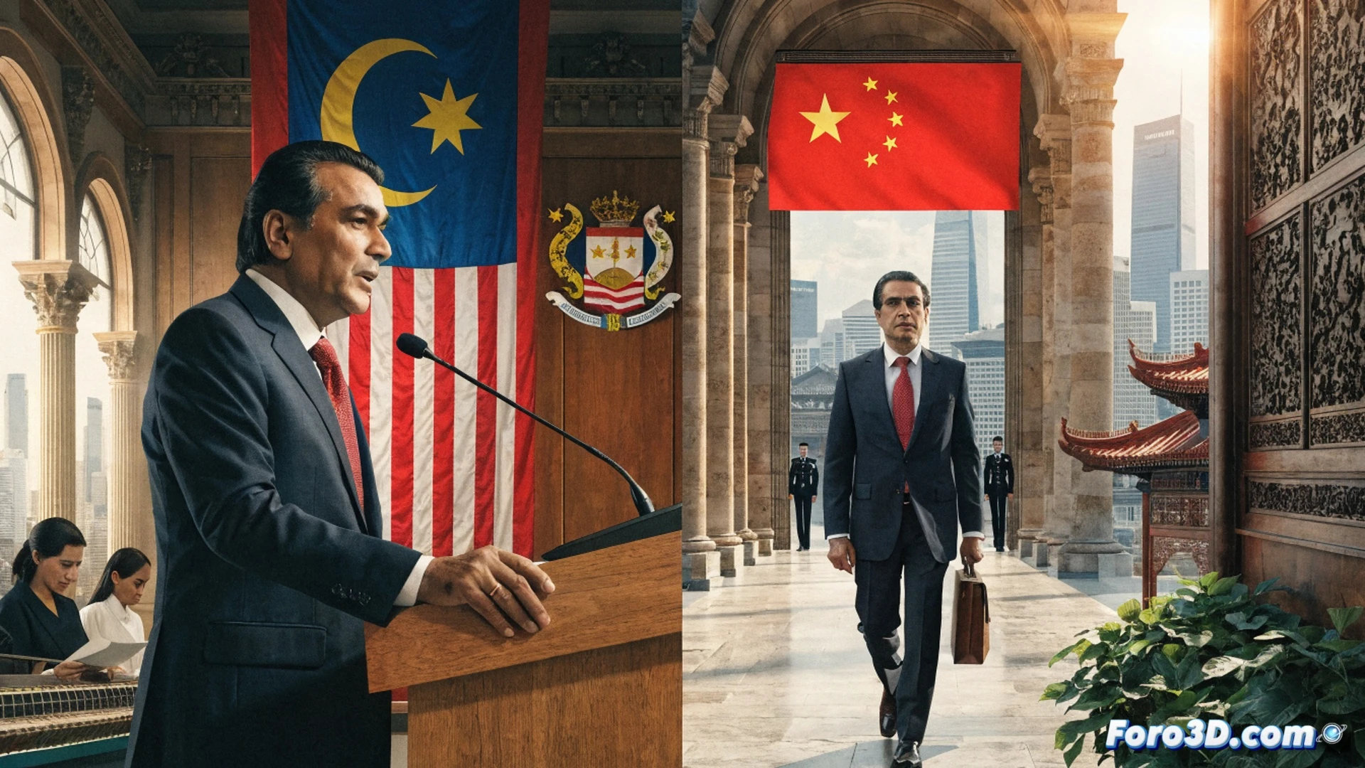 Bangladeshi prime minister Tarique Rahman shaking hands with Malaysian officials in Kuala Lumpur airport lounge, background showing a construction site with 800,000 worker housing blueprints on a digital tablet, China state visit invitation letter visible on a briefcase, Indian flag absent from the scene, geopolitical balancing act demonstrated through body language, photorealistic editorial photography style, diplomatic lighting with warm ambient tones, modern business attire, subtle tension in facial expressions, ultra-detailed fabric textures and metal briefcase reflections, cinematic composition