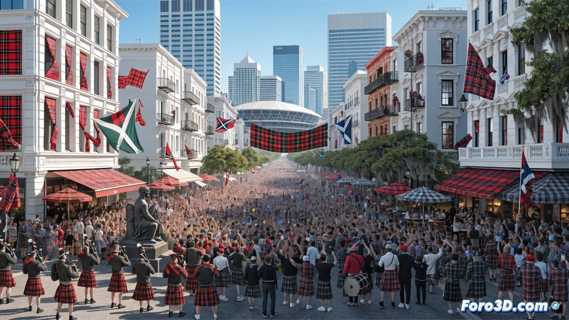 Tartan Army fans in blue kilts and face paint filling Little Havana streets, bagpipe players marching past a Miami Marlins stadium entrance, fans chanting while raising beer glasses outside a Cuban restaurant with neon signs, bartenders serving drinks quickly during the crowd surge, a digital scoreboard showing Scotland flags in the background, photorealistic cinematic street scene, golden sunset light mixing with stadium floodlights, dynamic crowd movement, blurred motion in foreground, vibrant red and blue color contrast, ultra-detailed fabric textures and expressions, high-energy festival atmosphere, architectural mix of Art Deco and Latin style buildings