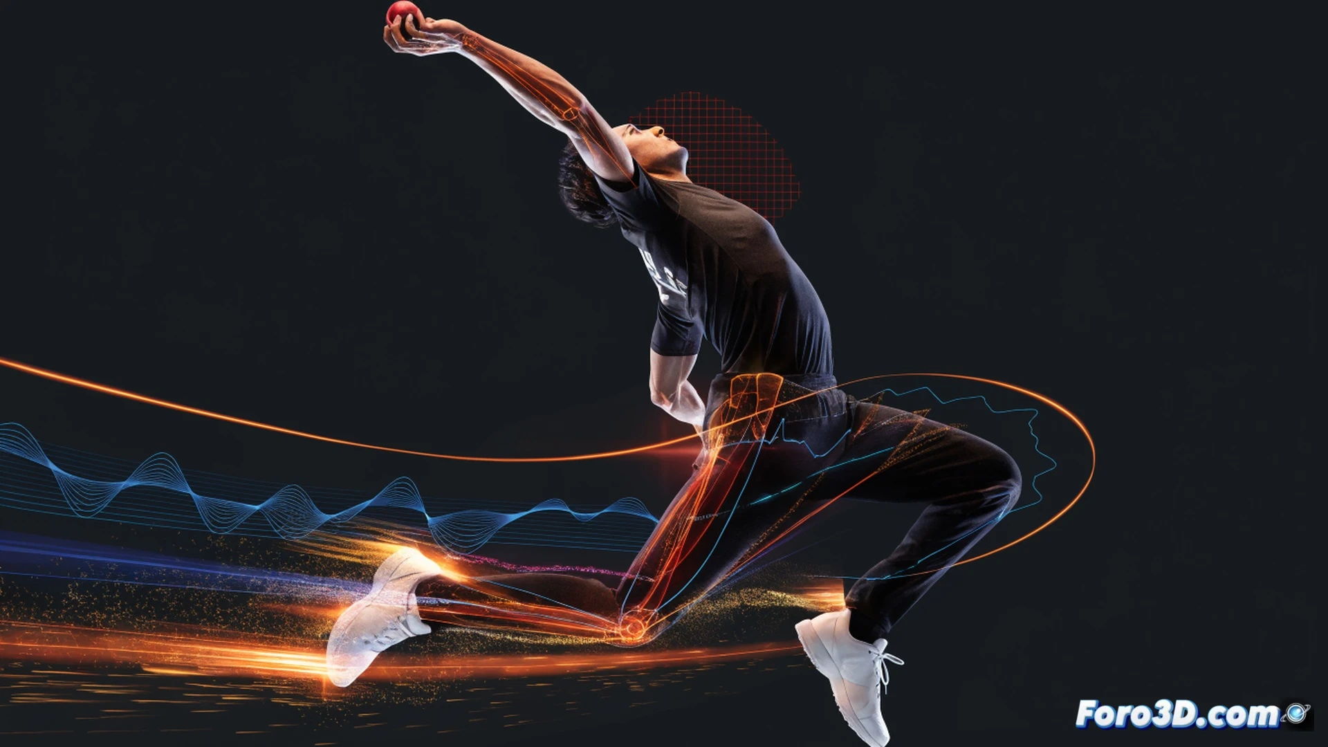 cricket bowler Taskin Ahmed mid-delivery stride, explosive jump phase with high knee lift, right arm at maximum extension near release point, shoulder rotation angle visible, biomechanical force lines highlighting arm whip and hip drive, 3D motion capture skeleton overlay showing joint angles, photorealistic cinematic lighting on muscular frame, stadium background blurred, dynamic motion blur on ball leaving fingers, technical engineering visualization with glowing trajectory arcs and angular measurements, hyper-detailed athletic anatomy, dramatic low-angle shot