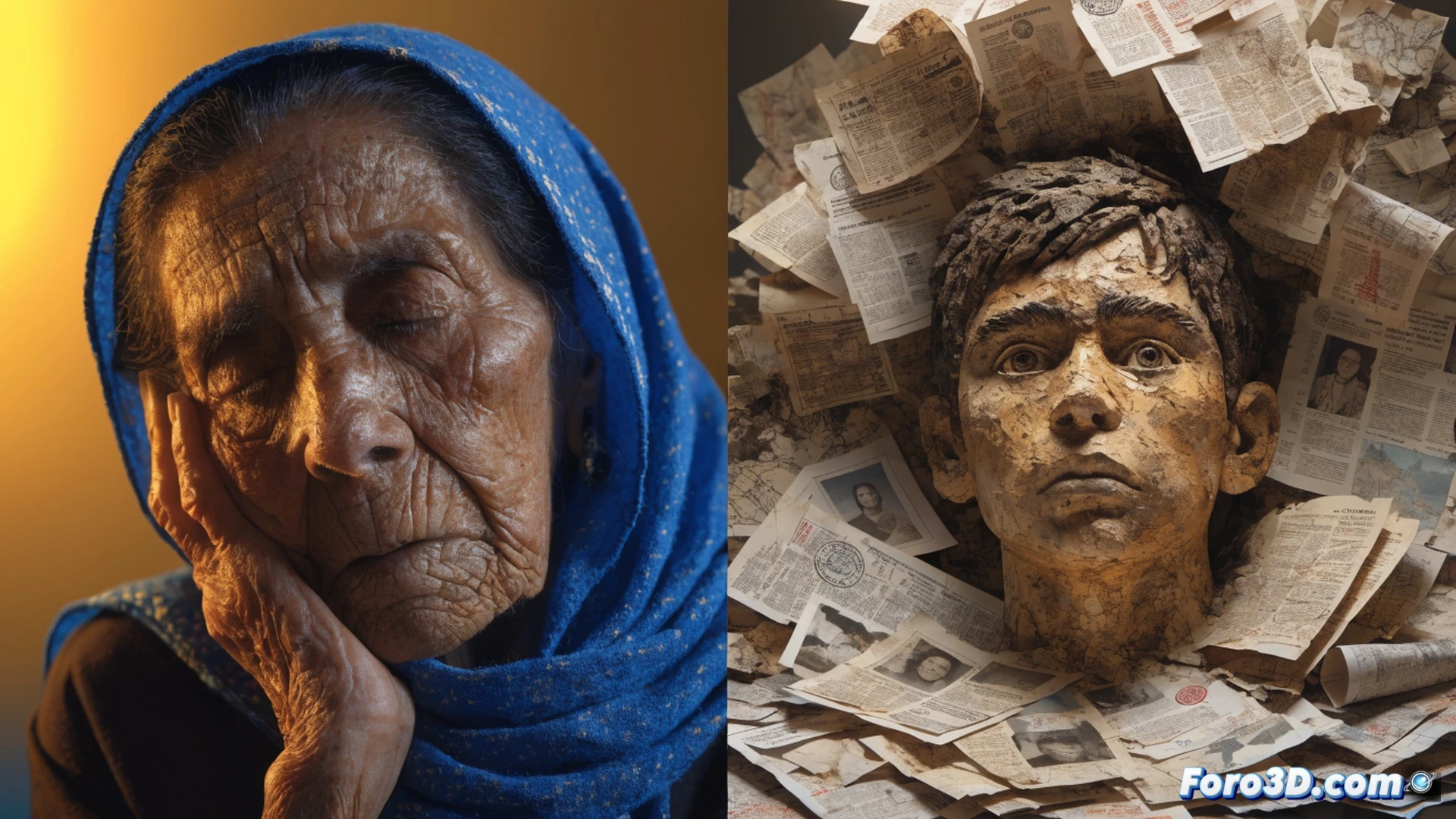 cinematic scene of an elderly woman standing firm in a public square, holding a white headscarf while facing a row of military-style gates, her silhouette casting a long shadow over cobblestones engraved with ghostly handprints, glowing blue data streams of digital archives rising behind her, a broken clock frozen at the exact time of a past atrocity, photorealistic technical illustration, dramatic low-angle sunlight, weathered hands gripping fabric, symbolic tension between memory and institutional power, ultra-detailed textures of aged concrete and metal
