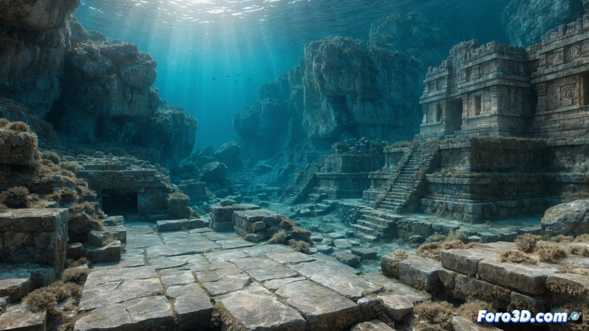 Underwater LiDAR scanning of submerged Mayan pyramid, sonar equipment mounted on a small research boat emitting blue grid lines across the lake floor, stone temple ruins partially buried in sediment, divers inspecting a collapsed ceremonial arch with underwater tablet computers, sunlight filtering through murky green water, sediment particles drifting, cinematic photorealistic technical visualization, dramatic chiaroscuro lighting, detailed stone carvings and algae-covered blocks, high-contrast depth map overlay fading into the dark abyss, engineering documentation aesthetic