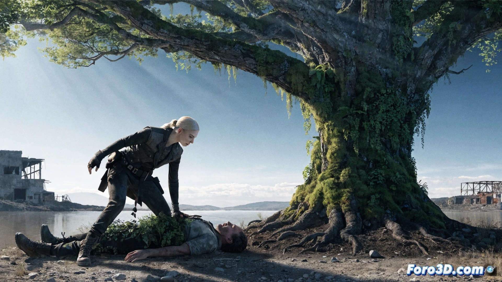 Post-apocalyptic wasteland scene, Furiosa standing beside a barren tree, pouring a metallic liquid from a jerrycan onto the roots, the liquid transforming into glowing green fertilizer, a skull-shaped engine component dissolving into the soil, visible mechanical hands gripping a wrench nearby, dust particles swirling in harsh desert sunlight, cinematic photorealistic technical illustration, dramatic low-angle shot, weathered leather and metal textures, high contrast shadows, action of chemical process being demonstrated, gritty industrial atmosphere, ultra-detailed mechanical parts, motion blur on falling dust motes