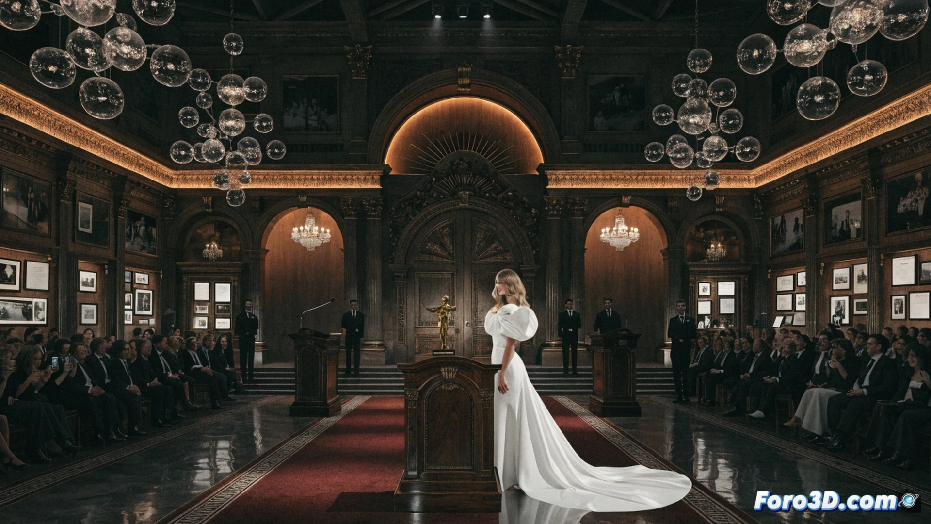 Taylor Swift standing at a podium inside a grand hall, placing both hands on a crystal songwriting trophy while a golden spotlight illuminates her silhouette, song manuscripts floating around her as if caught in a creative whirlwind, a vintage microphone and acoustic guitar on a nearby stand, cinematic photorealistic style, warm amber stage lighting, shallow depth of field, elegant black dress with subtle sequin reflections, dramatic shadows cast by the trophy, ultra-detailed fabric texture and polished glass surface, celebratory yet intimate atmosphere