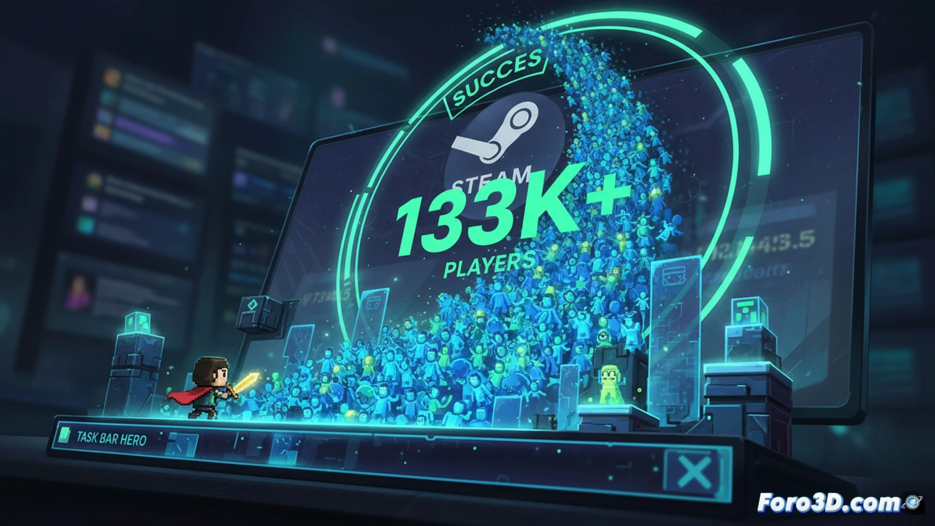 microscopic game window embedded in Windows taskbar, tiny pixel-art hero dodging digital obstacles while office icons and system tray remain visible, cursor hovering over the game, hundreds of player count numbers streaming upward like data packets, minimalist UI with glowing progress bars, photorealistic technical illustration, soft blue ambient light from monitor screen, shallow depth of field focusing on the taskbar game area, subtle motion blur on the hero sprite, realistic reflections on taskbar glass, engineering visualization of lightweight software running efficiently